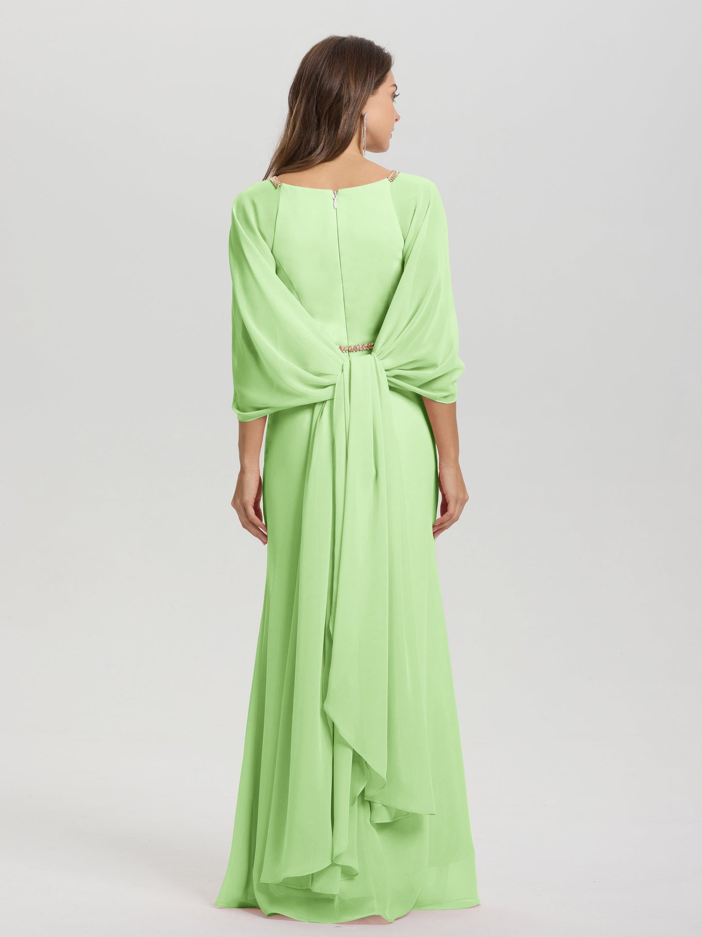 Sheath Flowy Long Sleeves Waisted Zip Back Chiffon Bridesmaid Dress