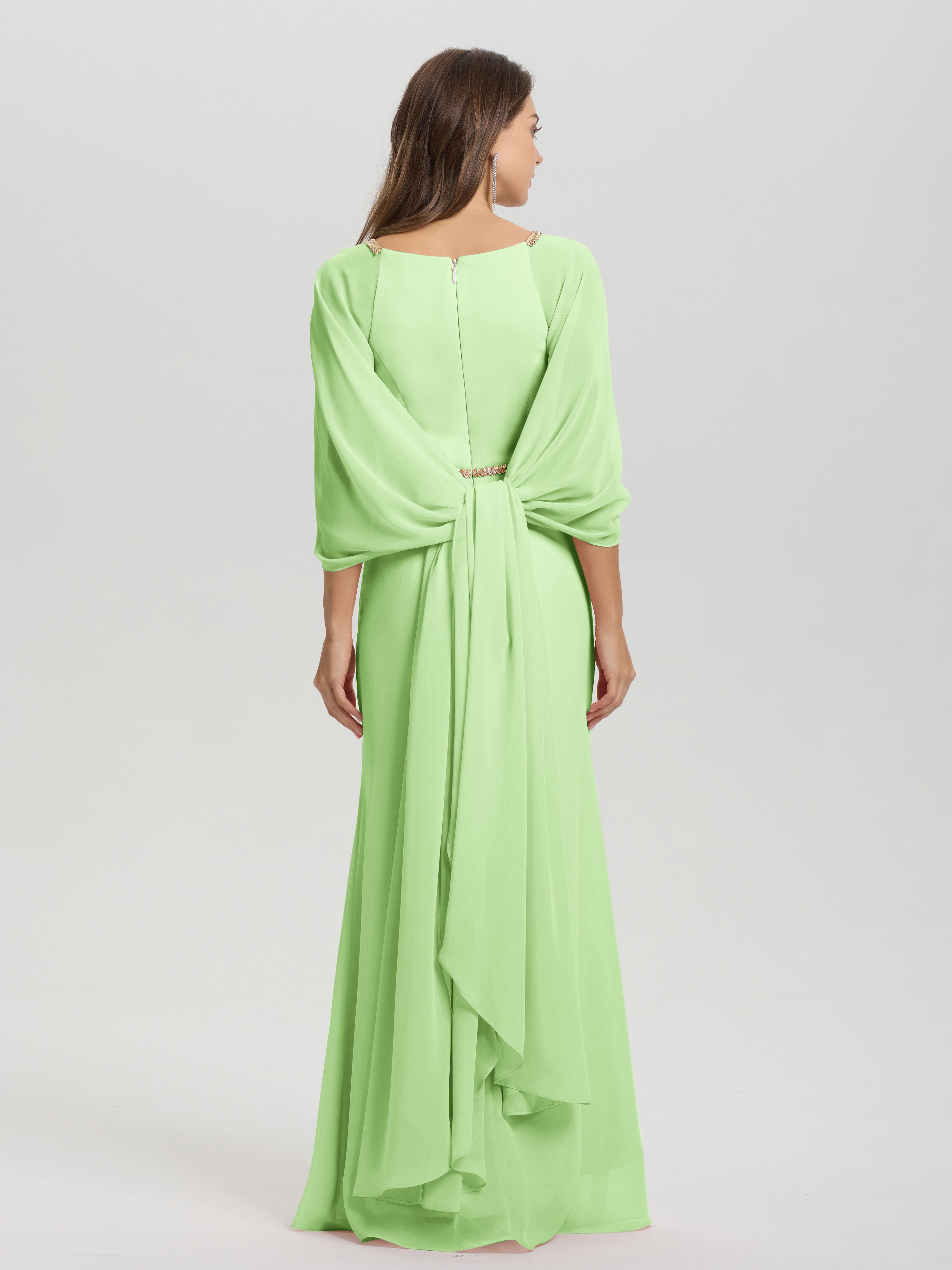 Sheath Flowy Long Sleeves Waisted Zip Back Chiffon Bridesmaid Dress