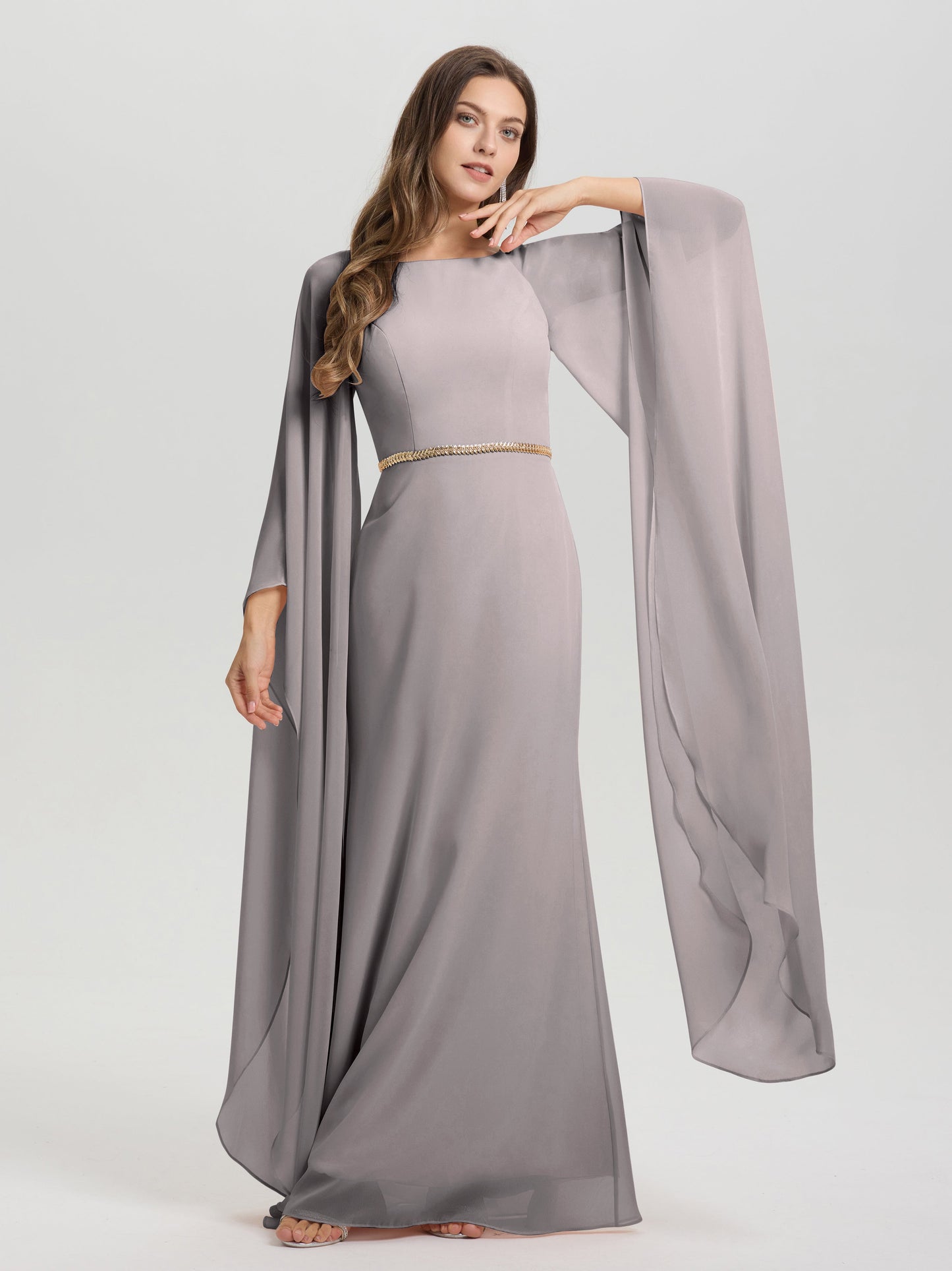 Sheath Flowy Long Sleeves Waisted Zip Back Chiffon Bridesmaid Dress