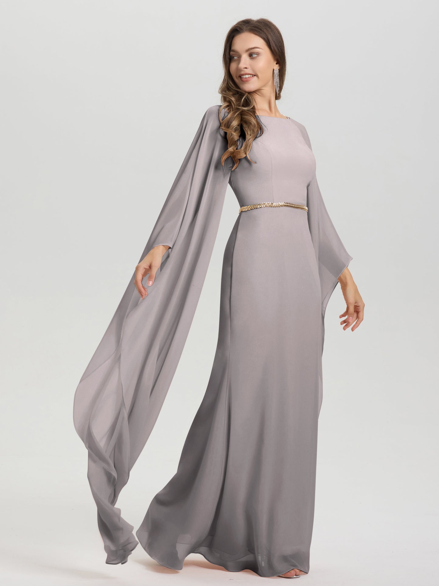 Sheath Flowy Long Sleeves Waisted Zip Back Chiffon Bridesmaid Dress