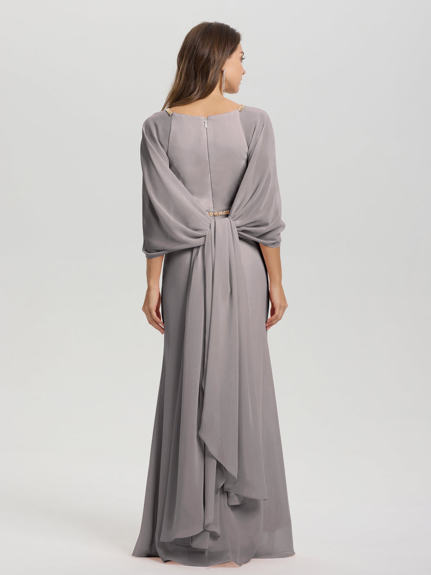 Sheath Flowy Long Sleeves Waisted Zip Back Chiffon Bridesmaid Dress