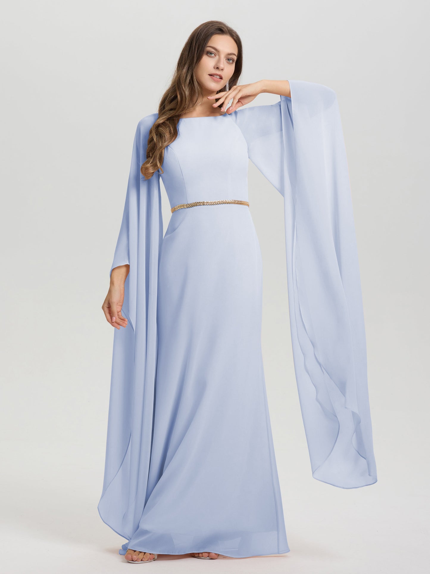 Sheath Flowy Long Sleeves Waisted Zip Back Chiffon Bridesmaid Dress