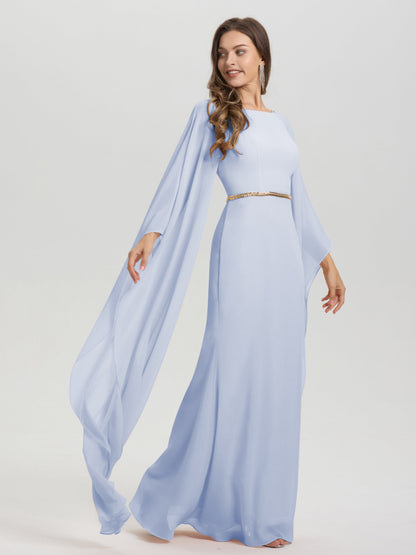 Sheath Flowy Long Sleeves Waisted Zip Back Chiffon Bridesmaid Dress