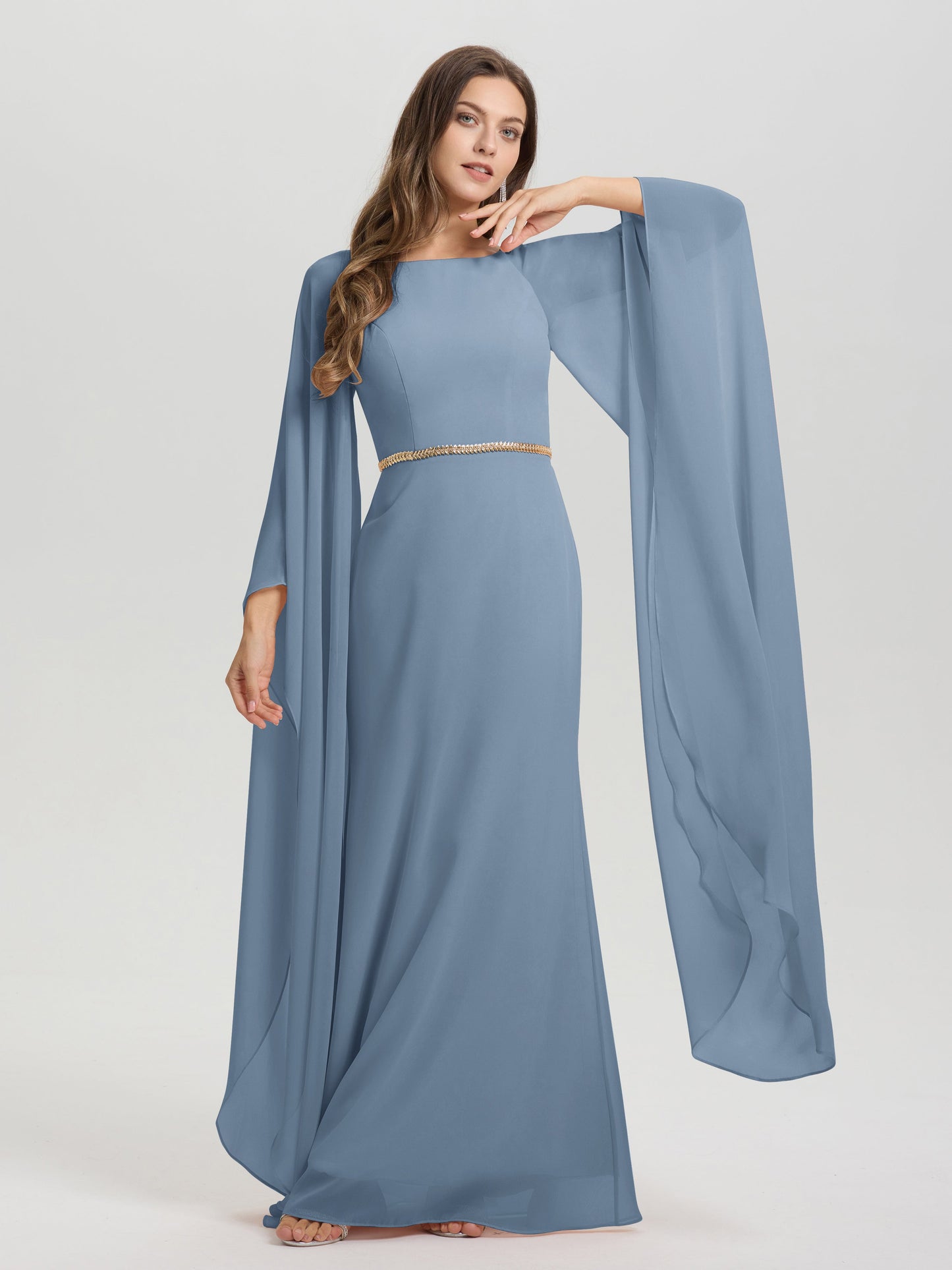 Sheath Flowy Long Sleeves Waisted Zip Back Chiffon Bridesmaid Dress