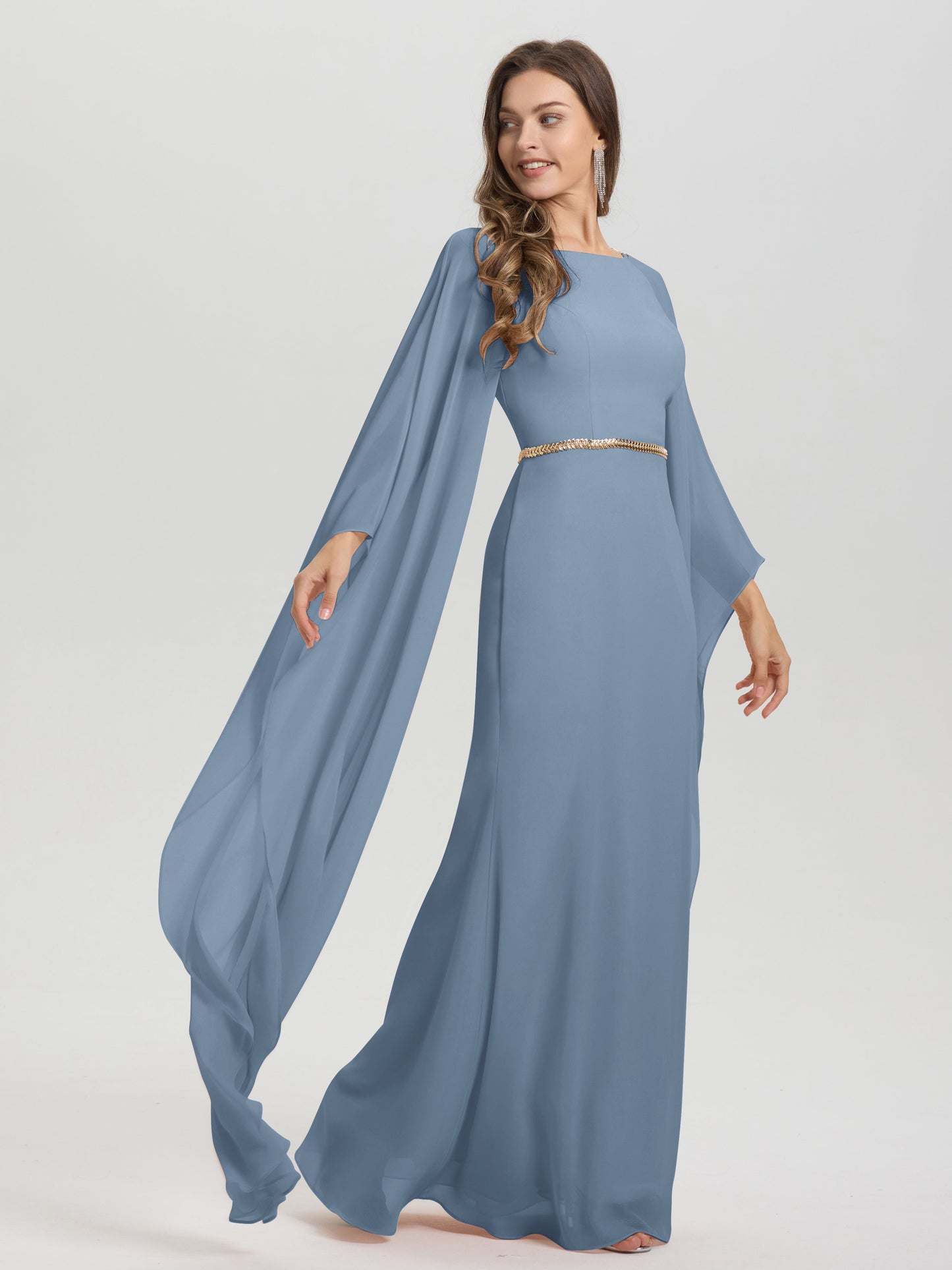 Sheath Flowy Long Sleeves Waisted Zip Back Chiffon Bridesmaid Dress