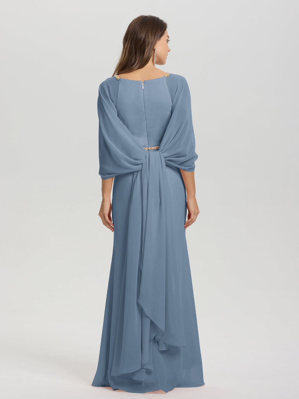 Sheath Flowy Long Sleeves Waisted Zip Back Chiffon Bridesmaid Dress