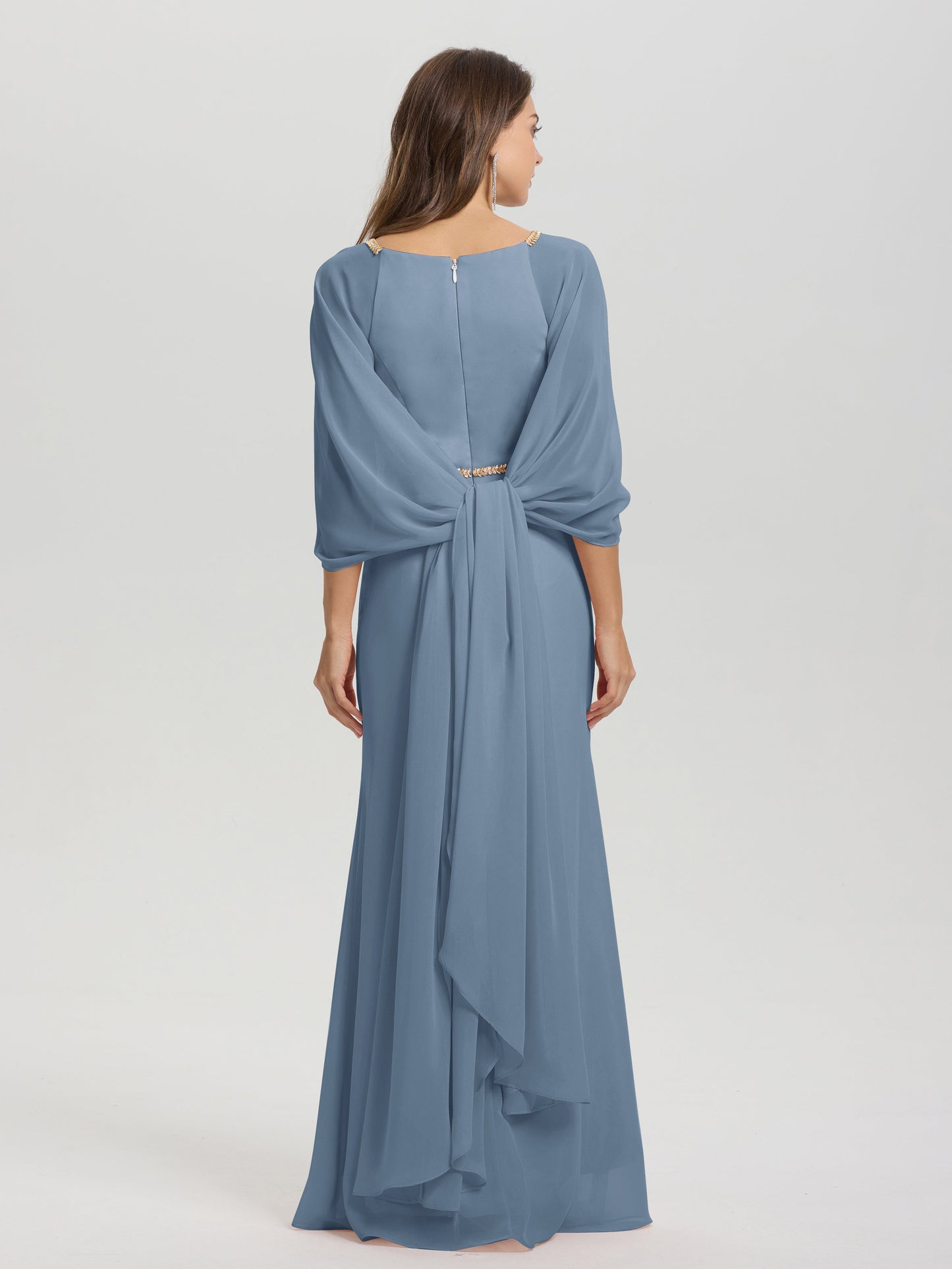 Sheath Flowy Long Sleeves Waisted Zip Back Chiffon Bridesmaid Dress