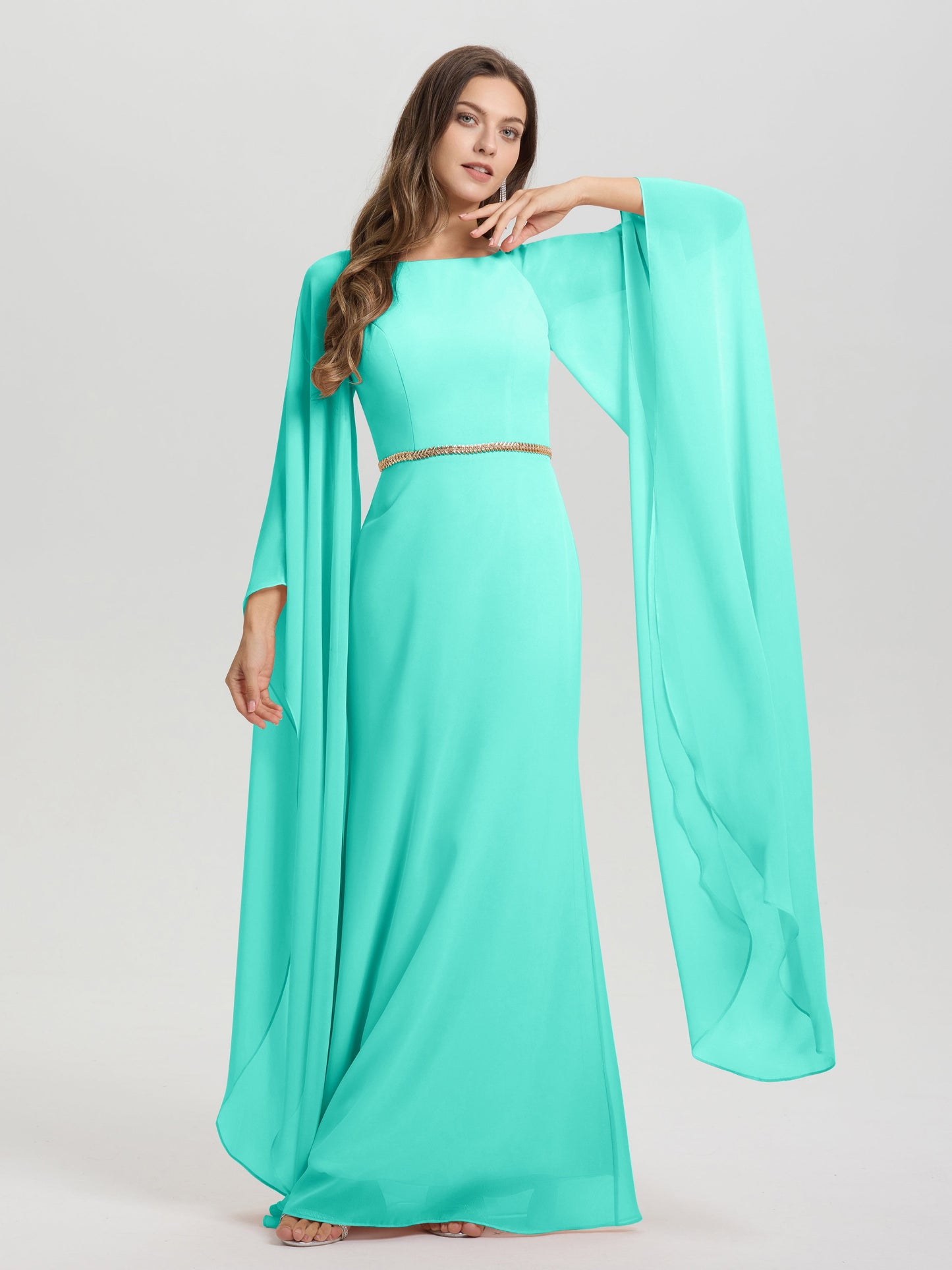 Sheath Flowy Long Sleeves Waisted Zip Back Chiffon Bridesmaid Dress