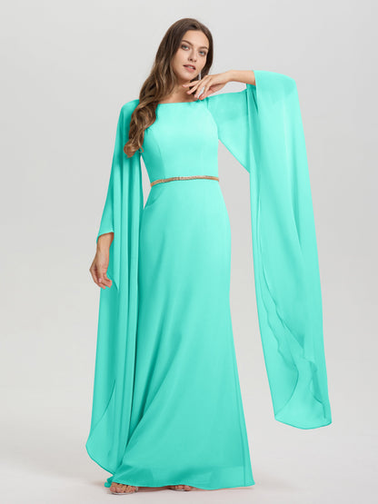 Sheath Flowy Long Sleeves Waisted Zip Back Chiffon Bridesmaid Dress