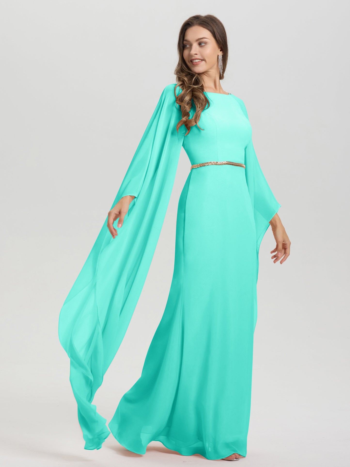 Sheath Flowy Long Sleeves Waisted Zip Back Chiffon Bridesmaid Dress