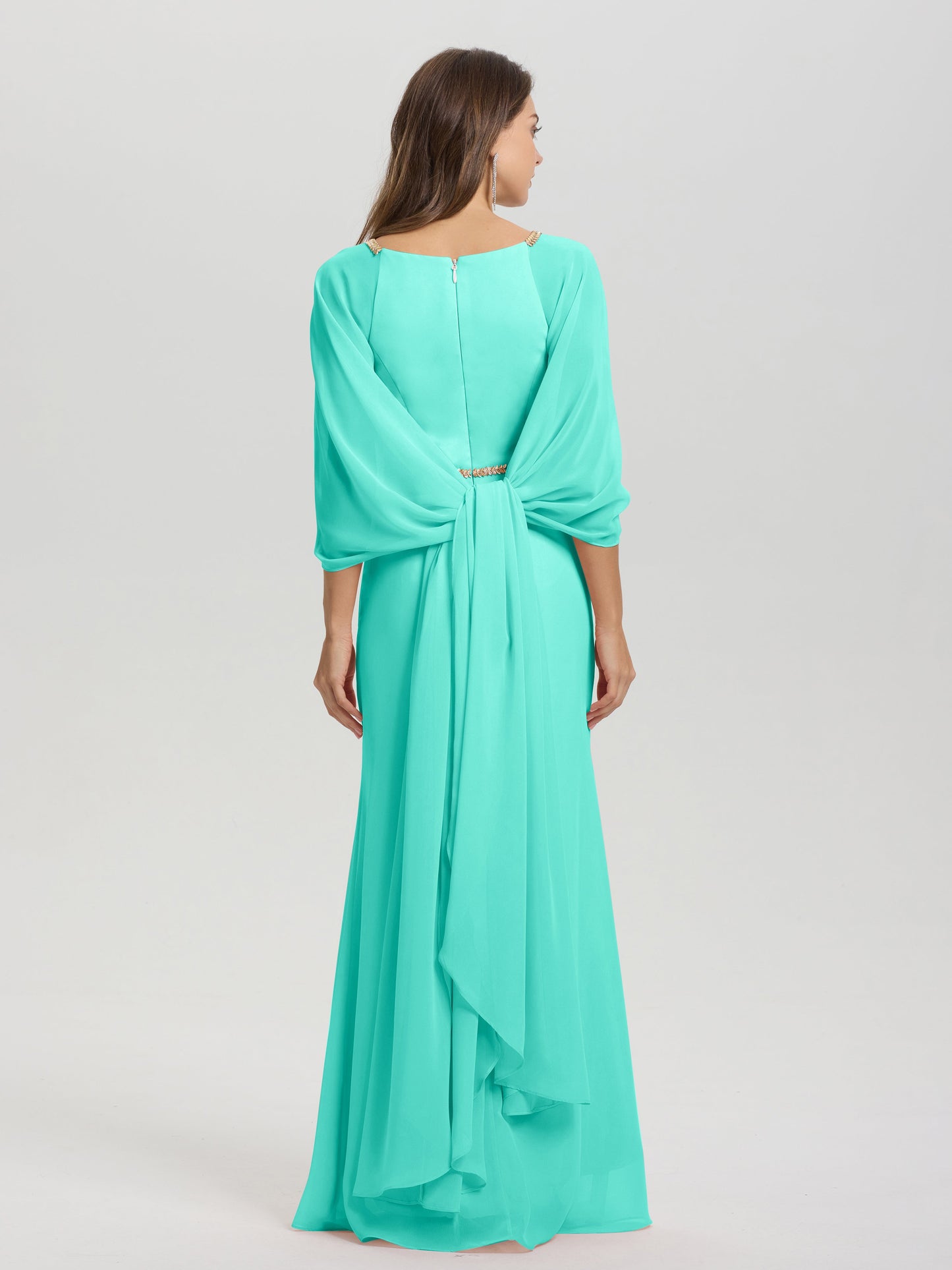 Sheath Flowy Long Sleeves Waisted Zip Back Chiffon Bridesmaid Dress
