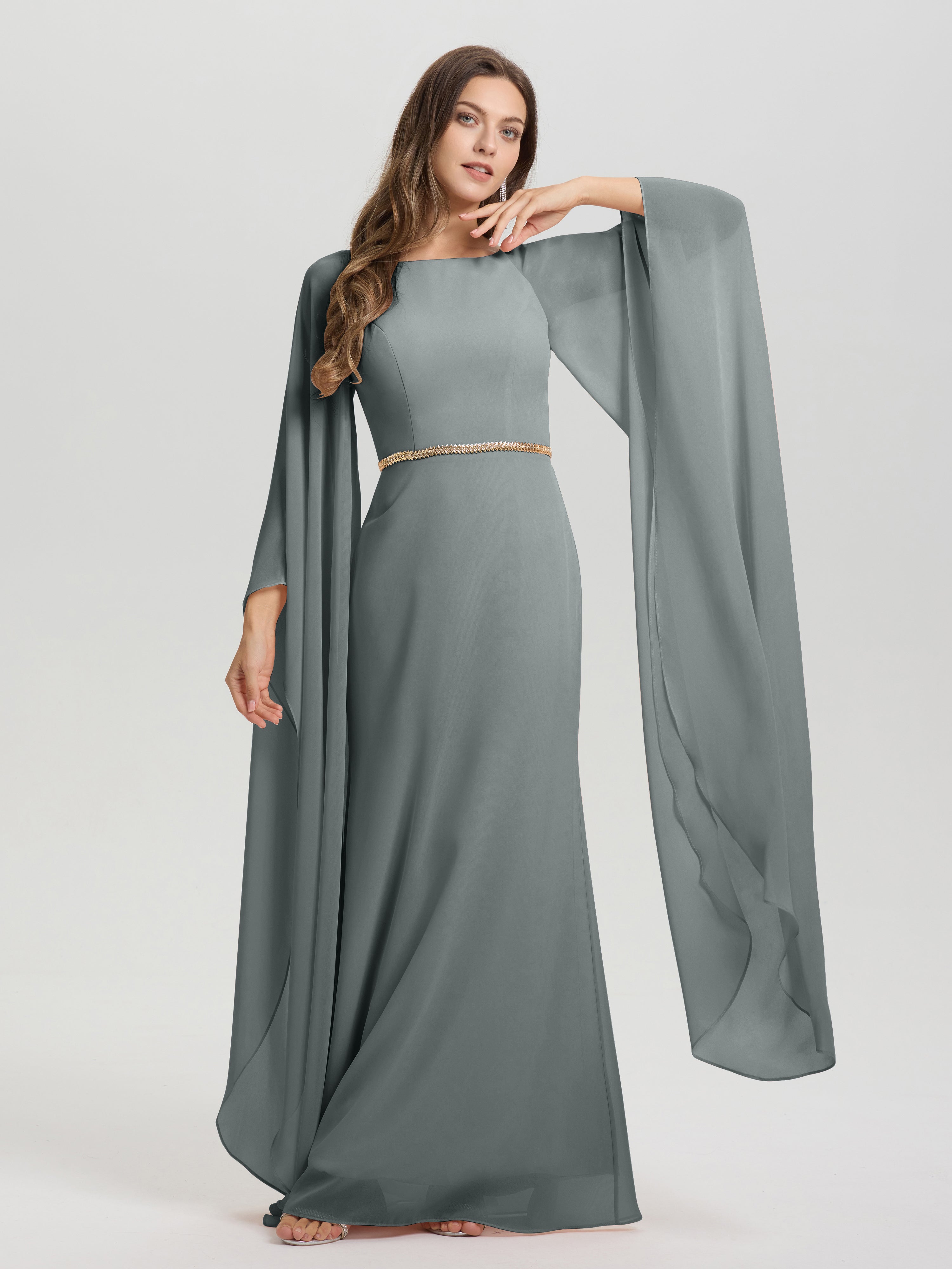 Sheath Flowy Long Sleeves Waisted Zip Back Chiffon Bridesmaid Dress