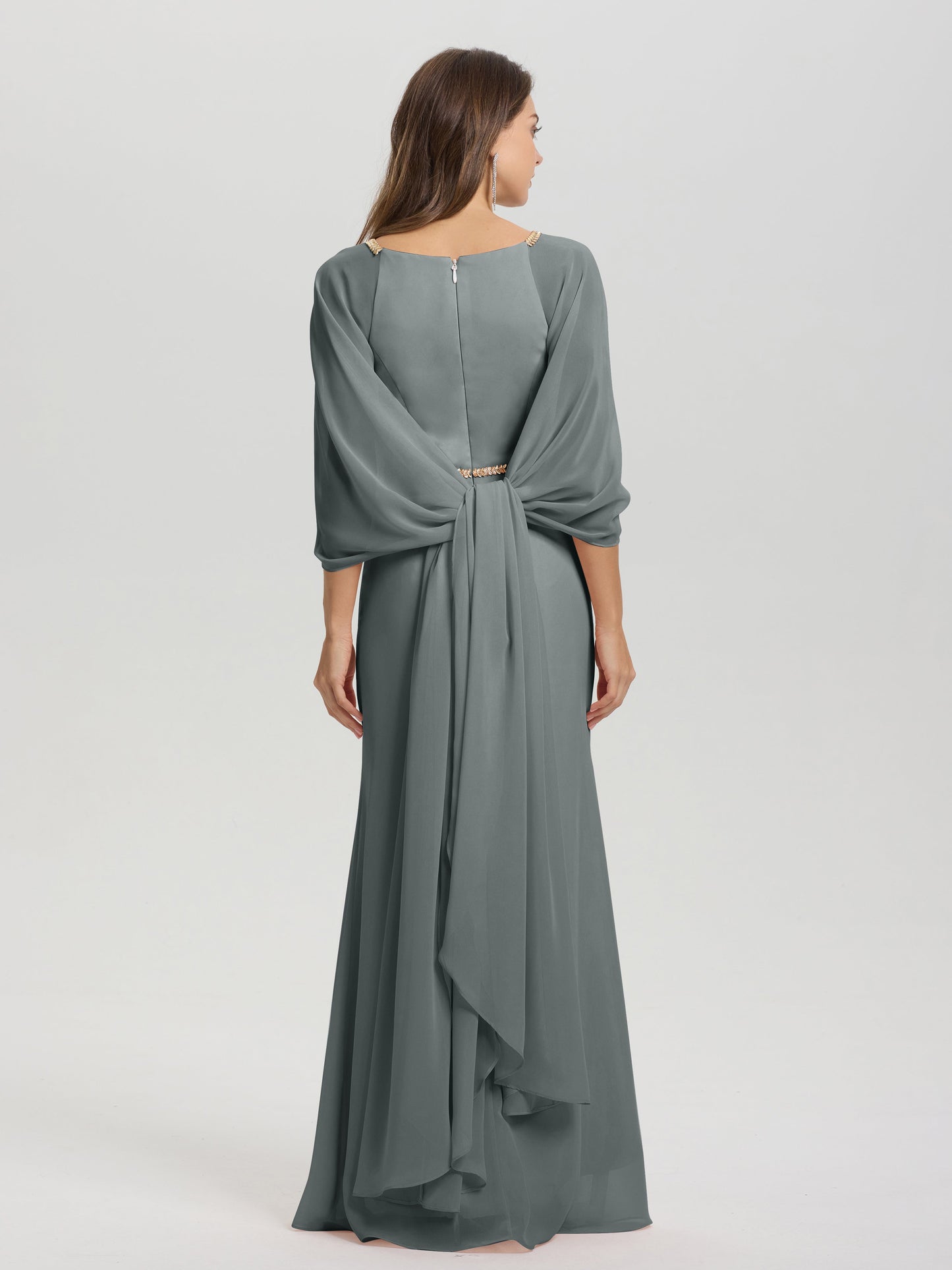 Sheath Flowy Long Sleeves Waisted Zip Back Chiffon Bridesmaid Dress