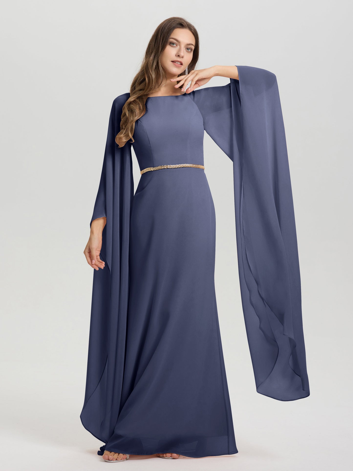 Sheath Flowy Long Sleeves Waisted Zip Back Chiffon Bridesmaid Dress