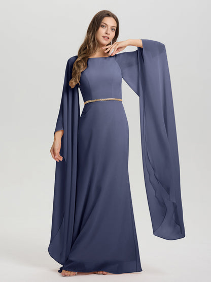 Sheath Flowy Long Sleeves Waisted Zip Back Chiffon Bridesmaid Dress