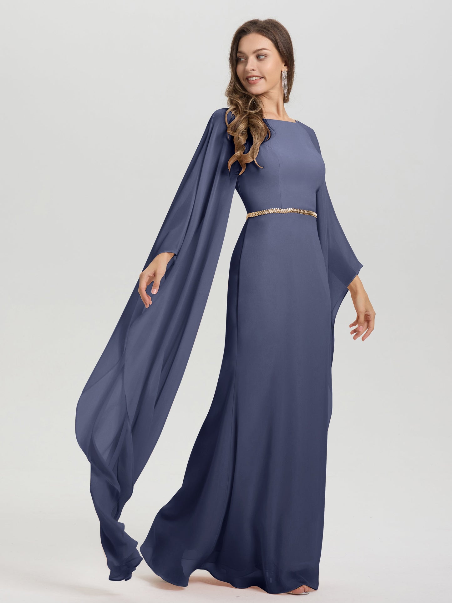 Sheath Flowy Long Sleeves Waisted Zip Back Chiffon Bridesmaid Dress