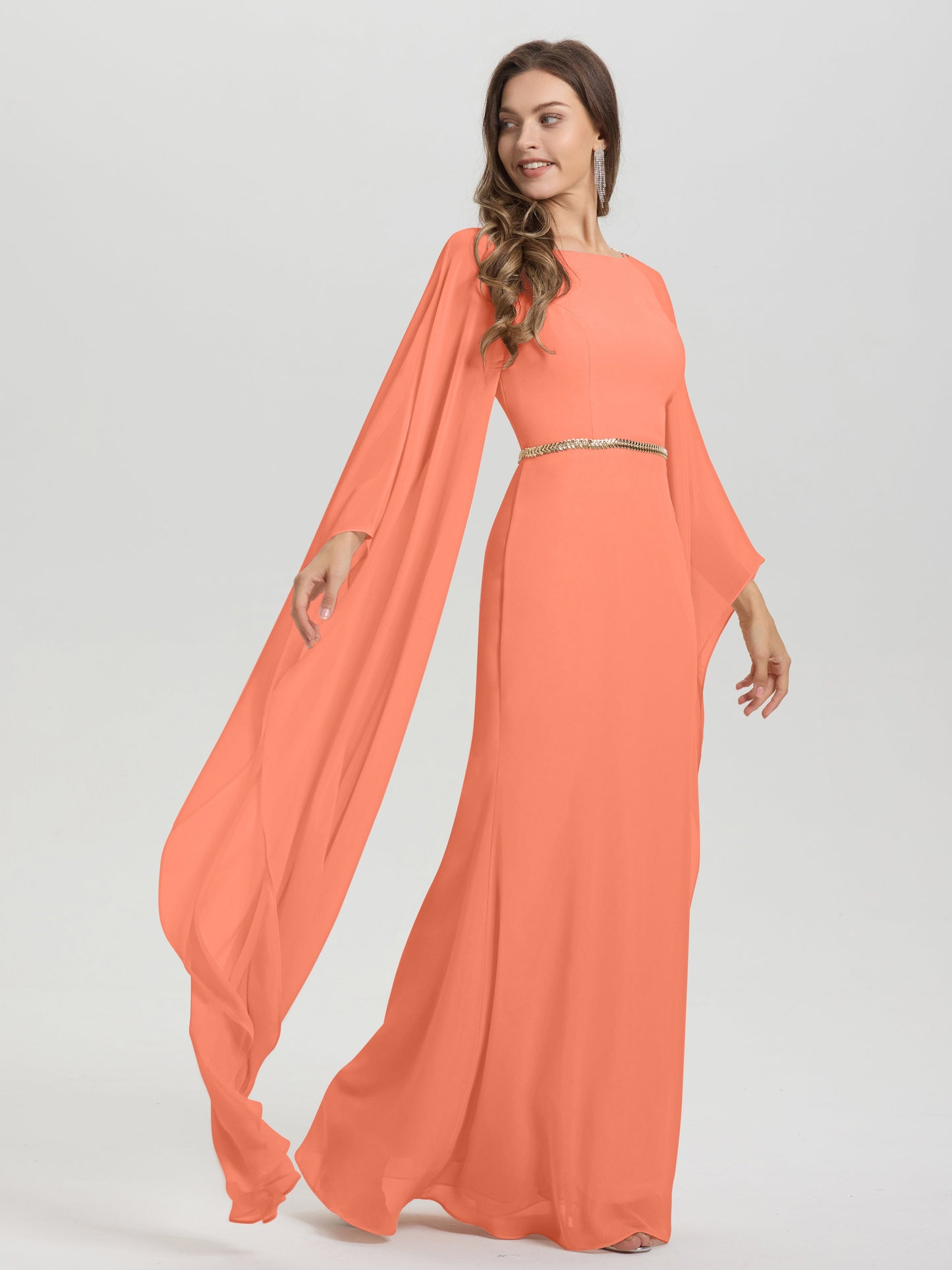 Sheath Flowy Long Sleeves Waisted Zip Back Chiffon Bridesmaid Dress