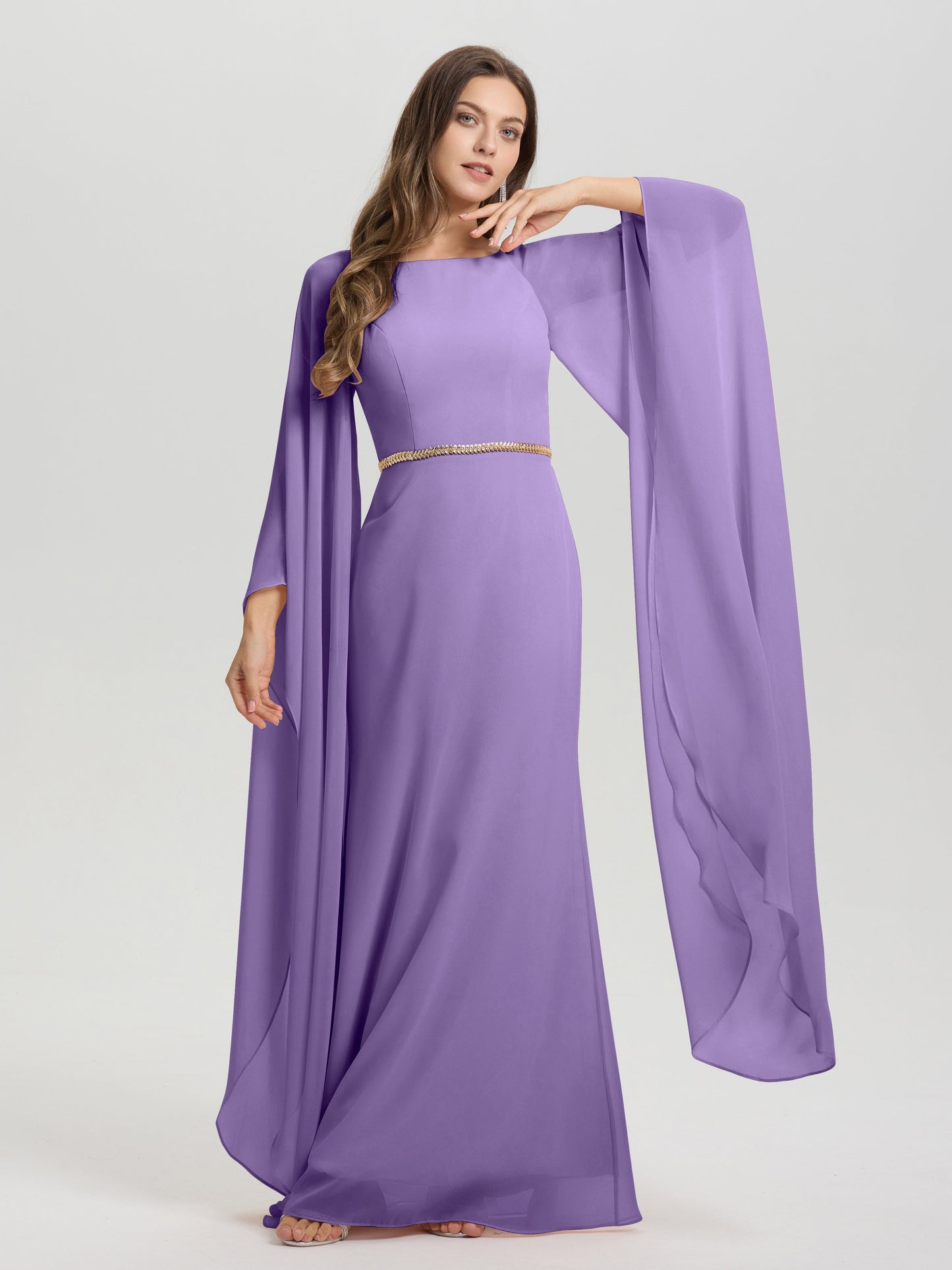 Sheath Flowy Long Sleeves Waisted Zip Back Chiffon Bridesmaid Dress