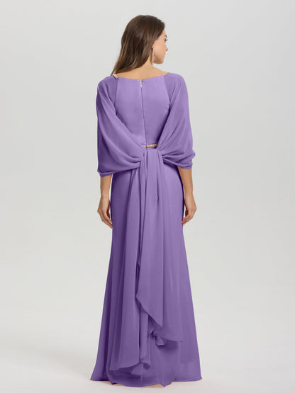 Sheath Flowy Long Sleeves Waisted Zip Back Chiffon Bridesmaid Dress