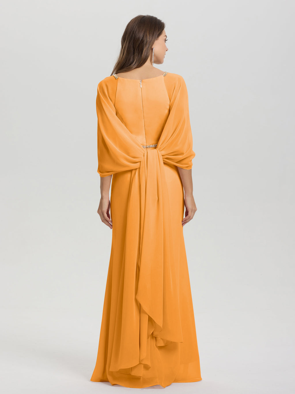 Sheath Flowy Long Sleeves Waisted Zip Back Chiffon Bridesmaid Dress