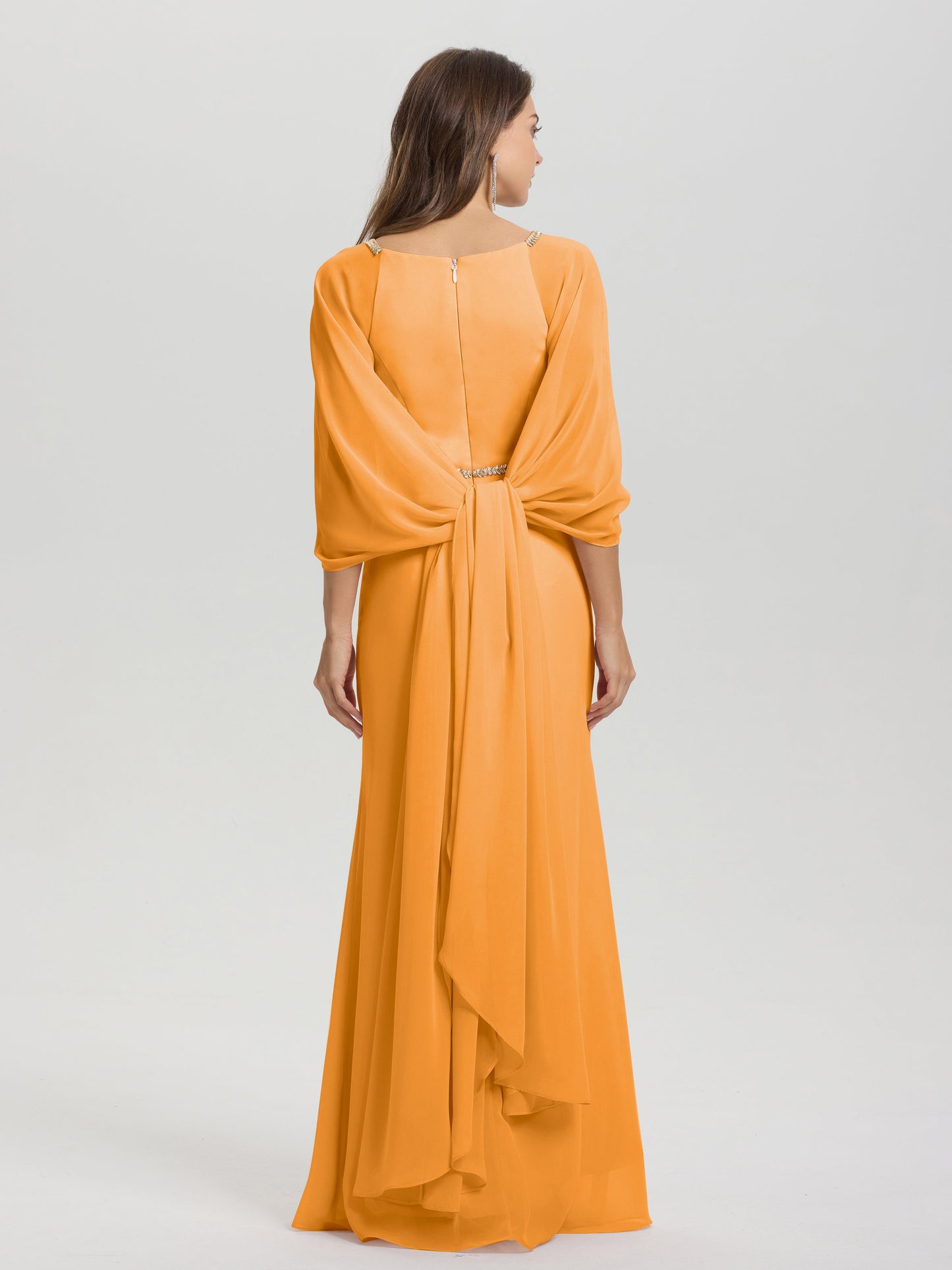 Sheath Flowy Long Sleeves Waisted Zip Back Chiffon Bridesmaid Dress