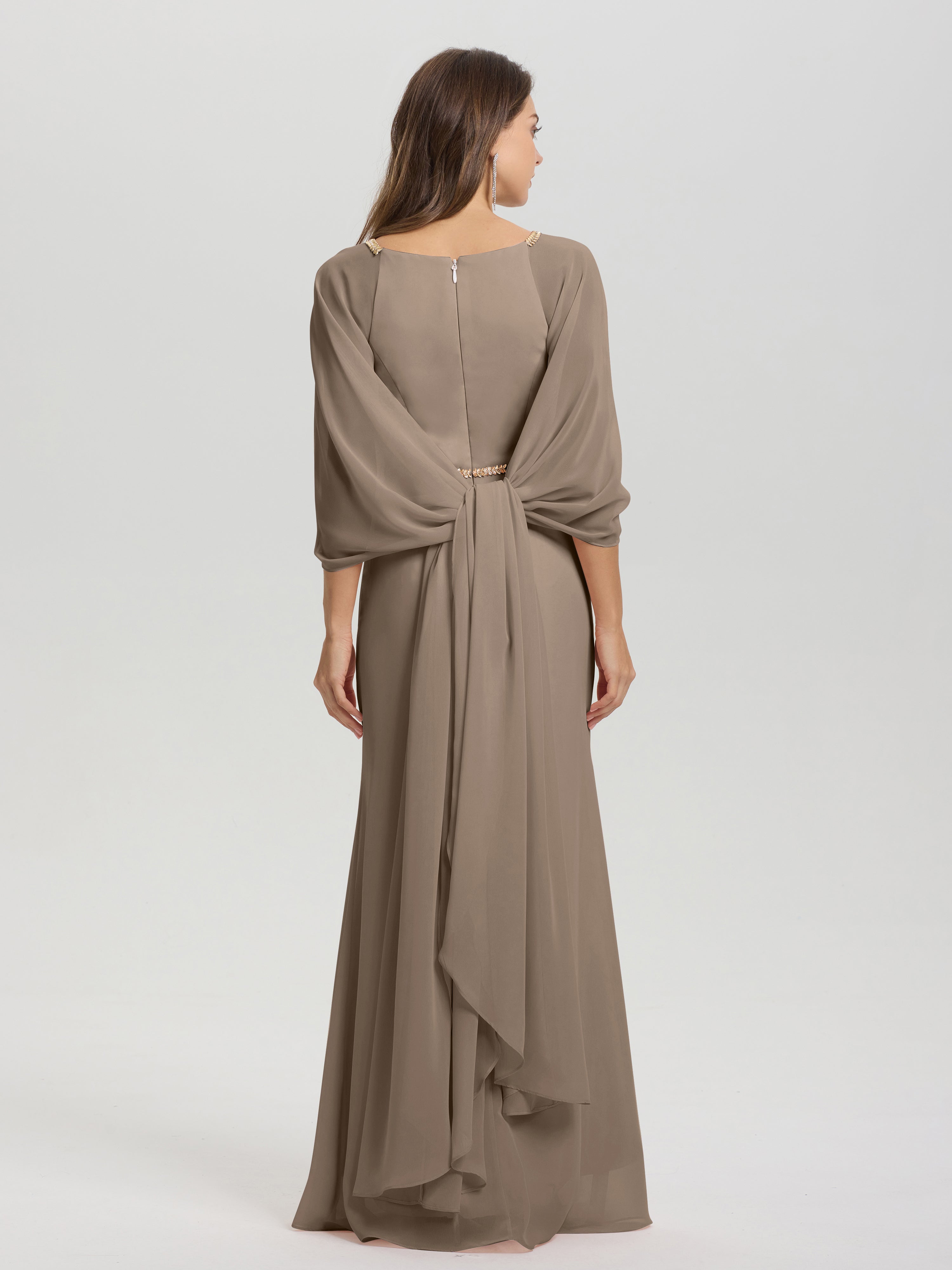 Sheath Flowy Long Sleeves Waisted Zip Back Chiffon Bridesmaid Dress