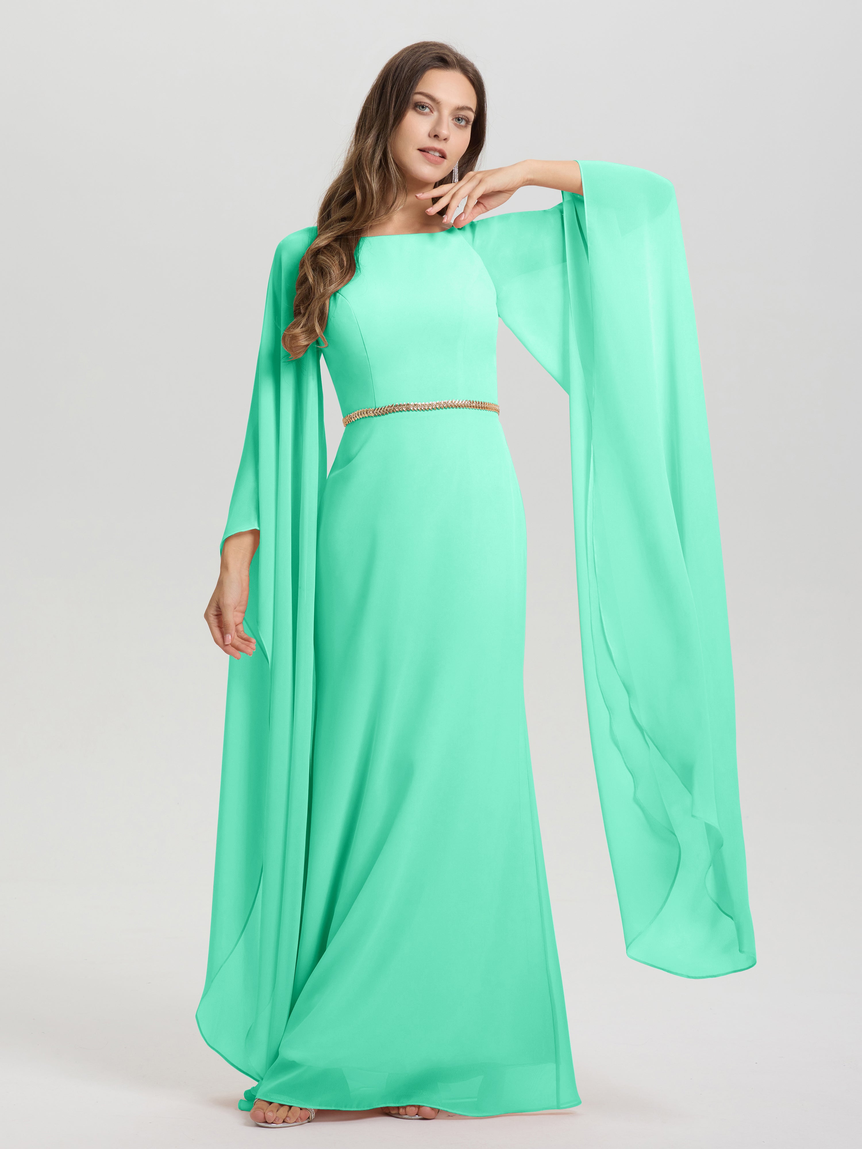 Sheath Flowy Long Sleeves Waisted Zip Back Chiffon Bridesmaid Dress