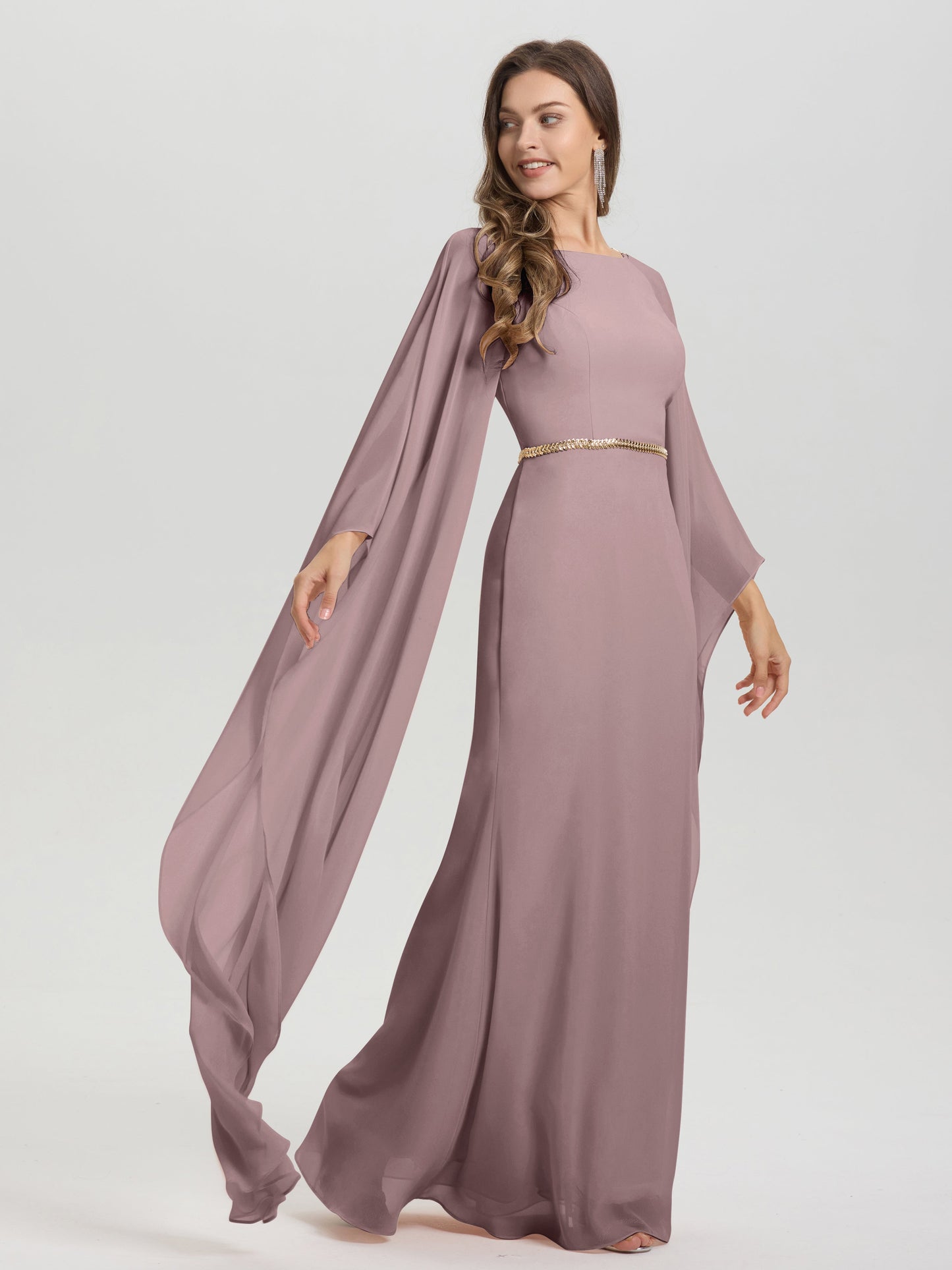 Sheath Flowy Long Sleeves Waisted Zip Back Chiffon Bridesmaid Dress