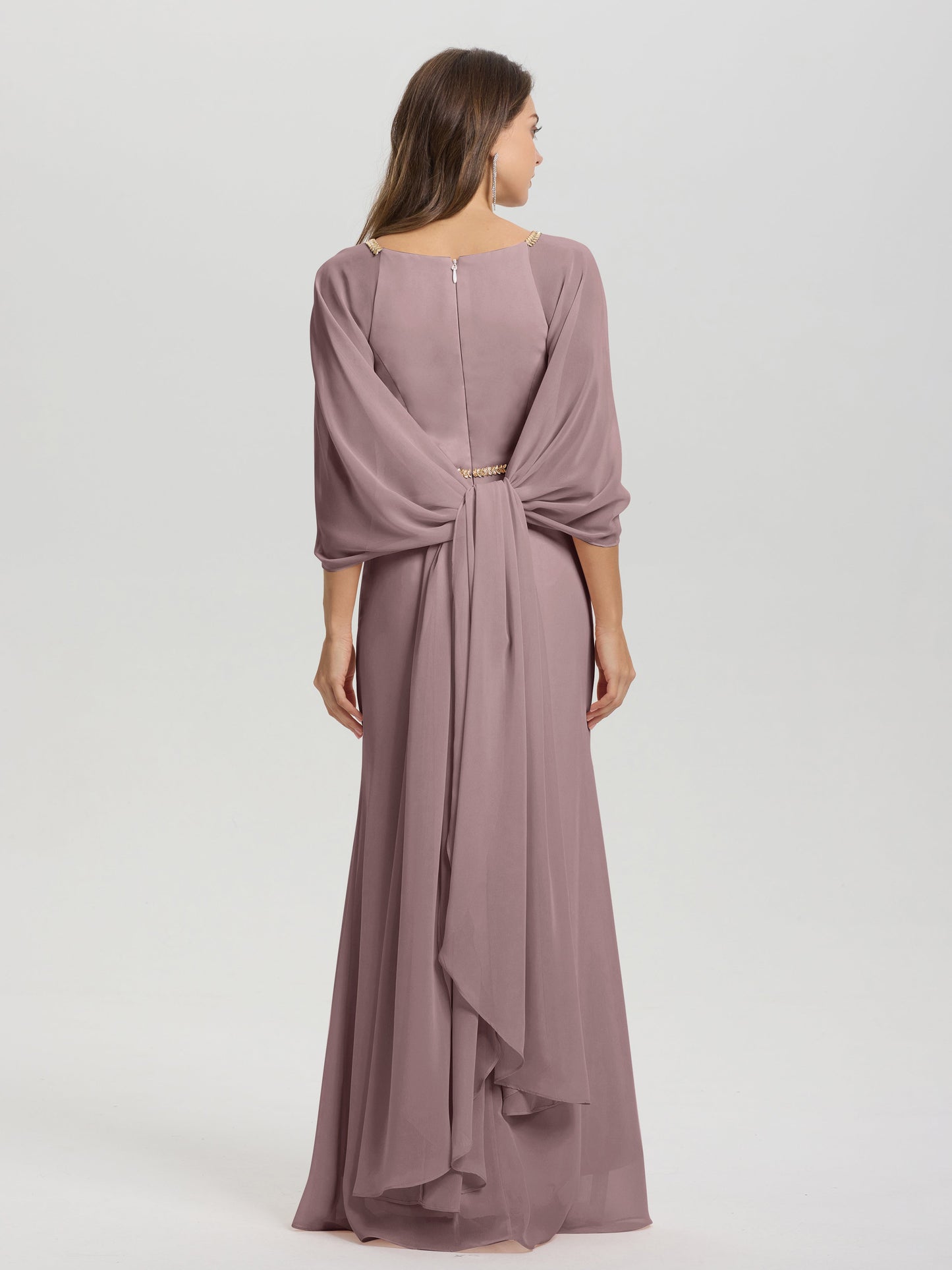 Sheath Flowy Long Sleeves Waisted Zip Back Chiffon Bridesmaid Dress