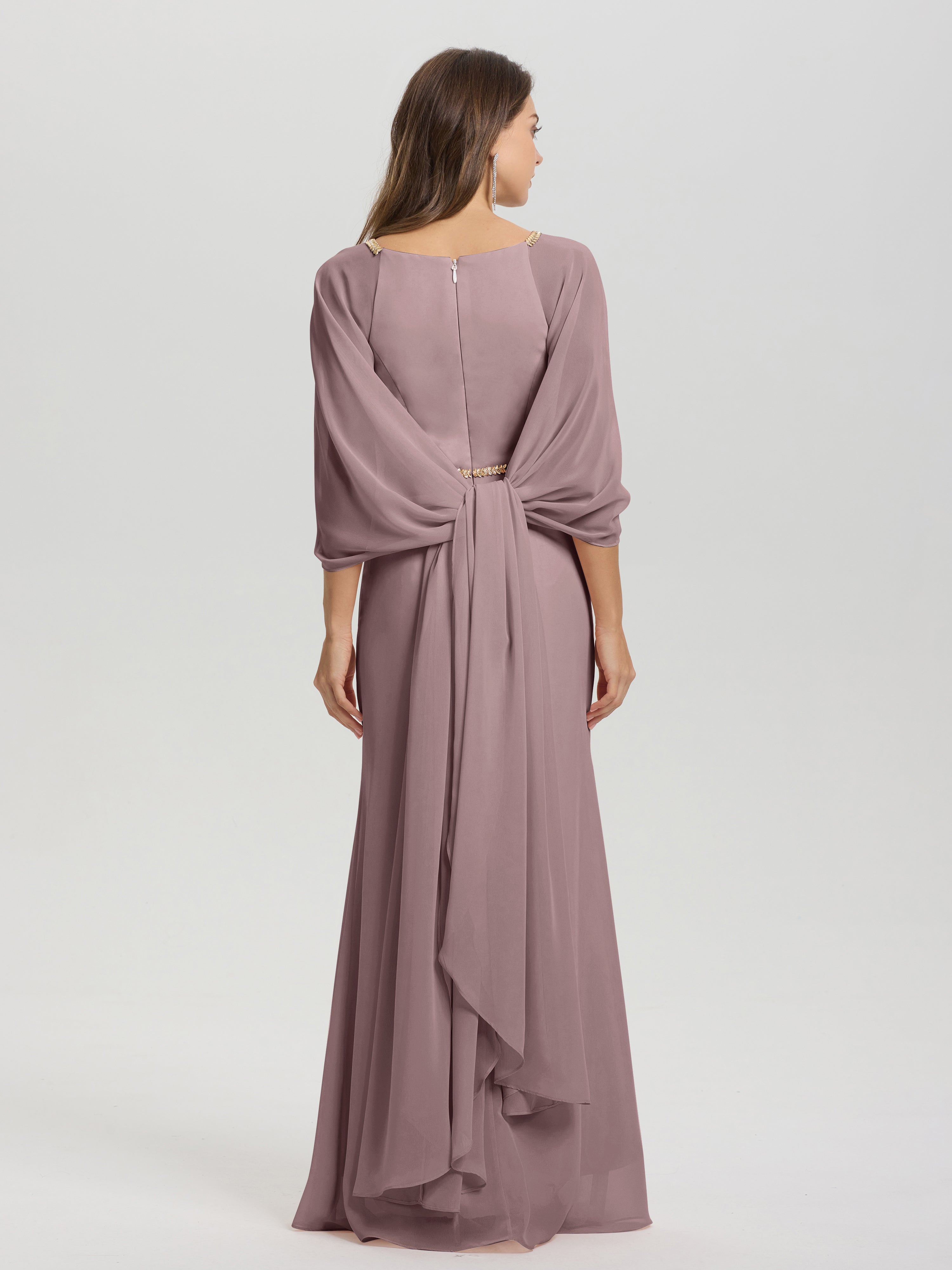 Sheath Flowy Long Sleeves Waisted Zip Back Chiffon Bridesmaid Dress