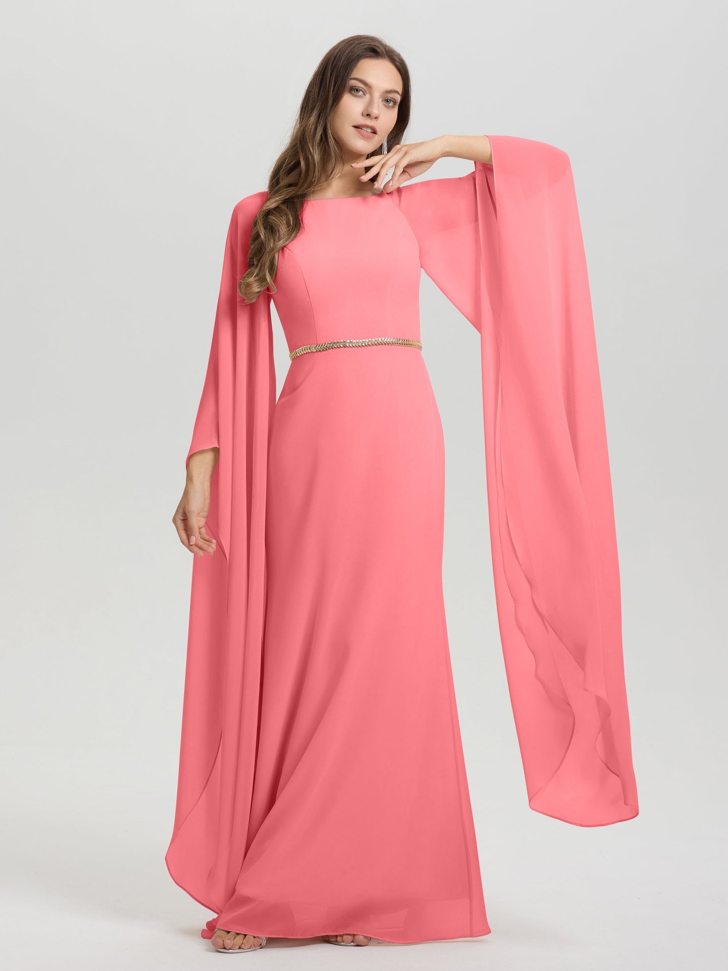 Sheath Flowy Long Sleeves Waisted Zip Back Chiffon Bridesmaid Dress