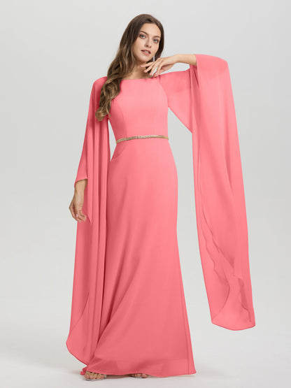 Sheath Flowy Long Sleeves Waisted Zip Back Chiffon Bridesmaid Dress