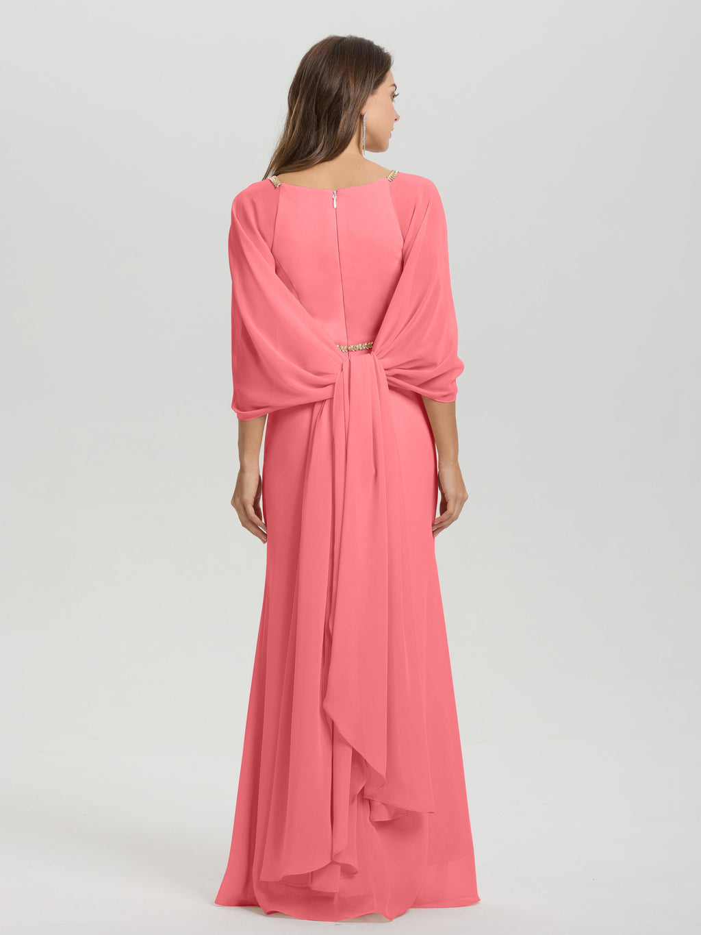 Sheath Flowy Long Sleeves Waisted Zip Back Chiffon Bridesmaid Dress