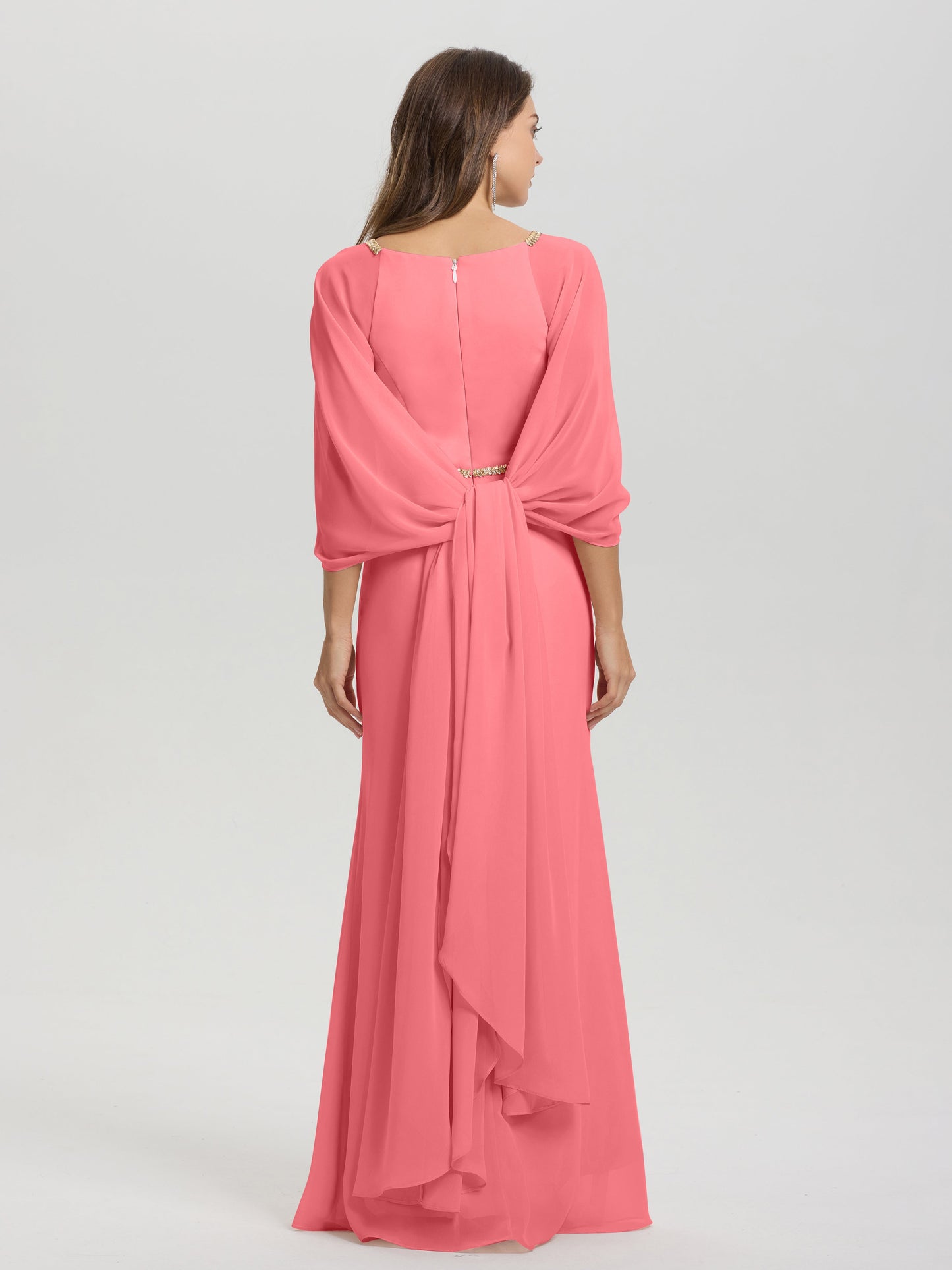 Sheath Flowy Long Sleeves Waisted Zip Back Chiffon Bridesmaid Dress