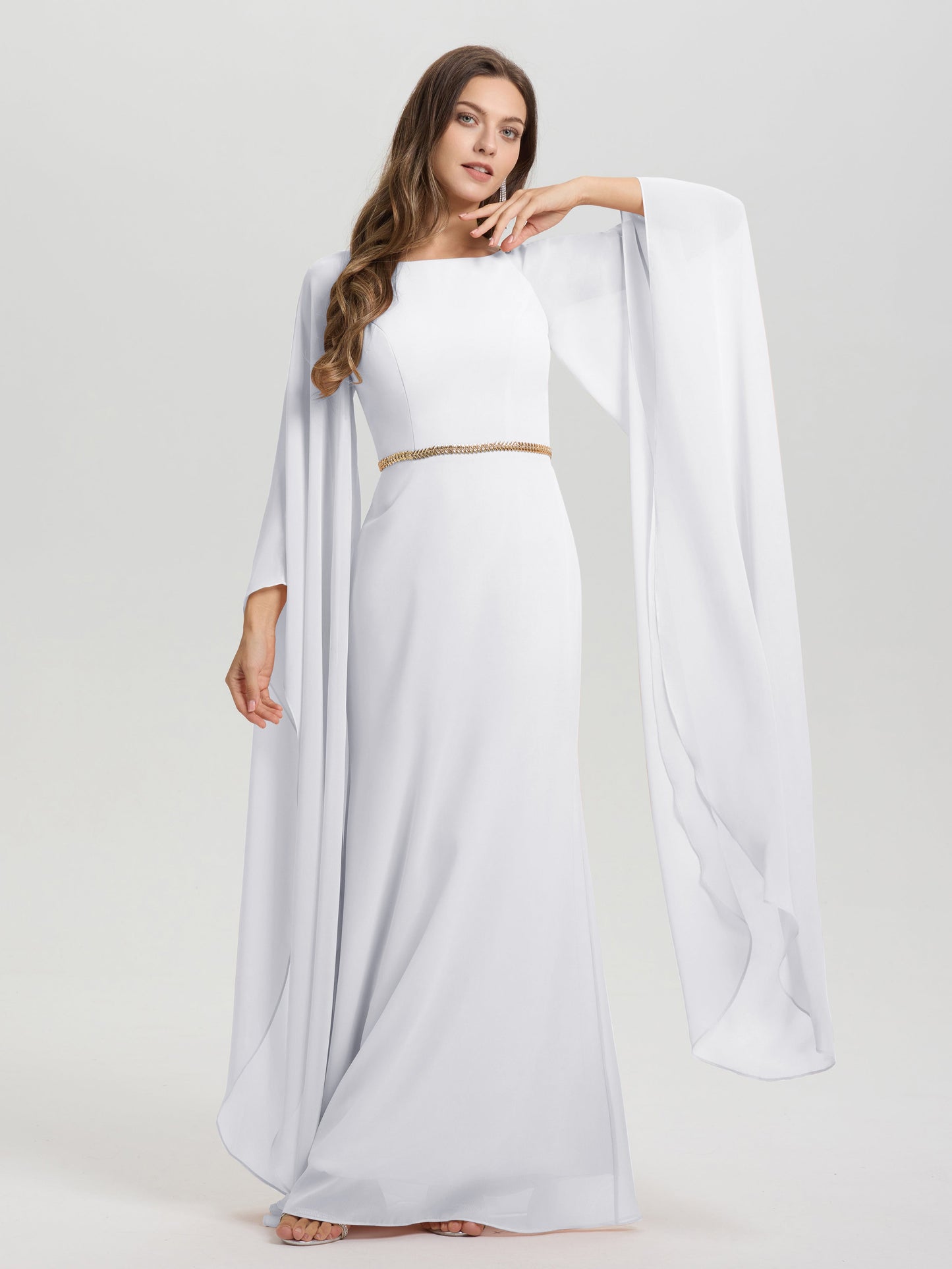 Sheath Flowy Long Sleeves Waisted Zip Back Chiffon Bridesmaid Dress
