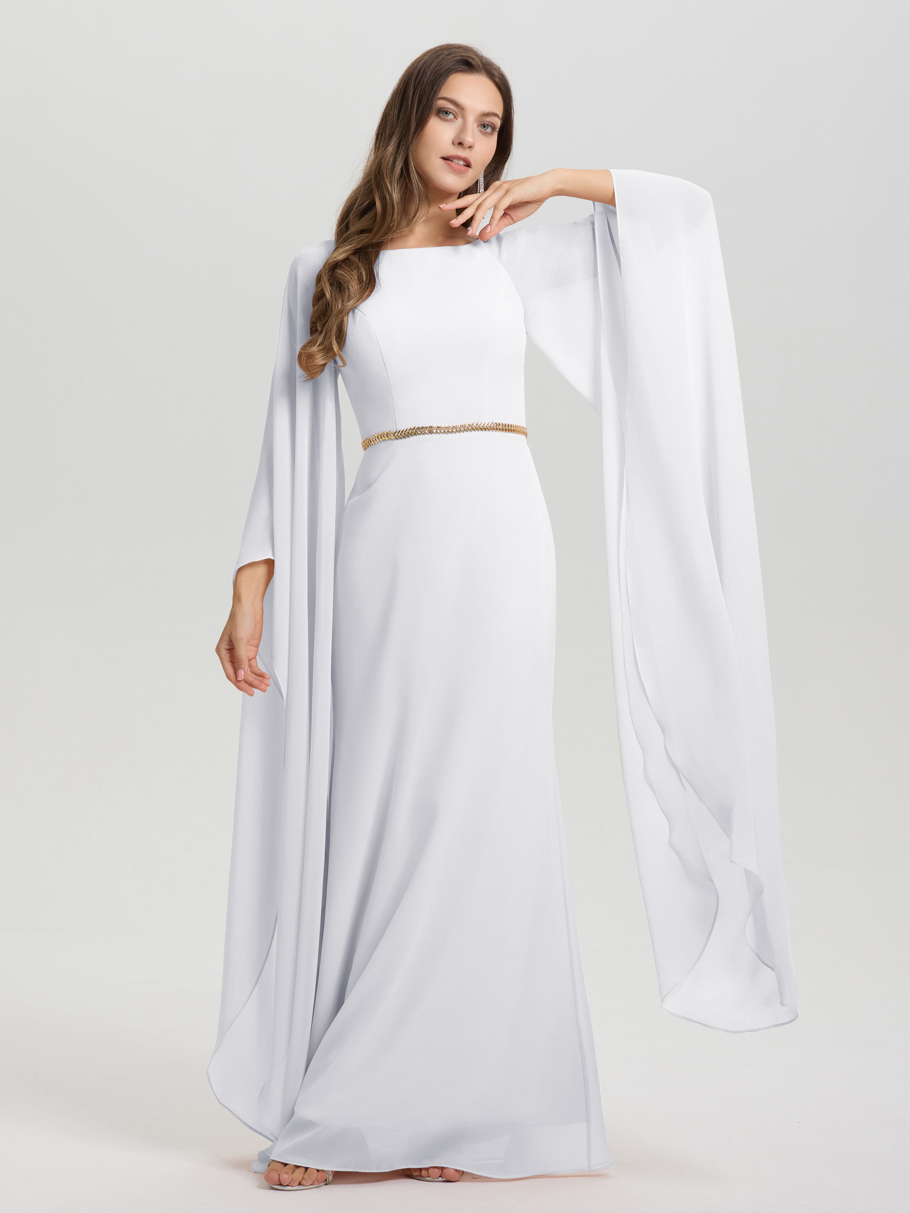 Sheath Flowy Long Sleeves Waisted Zip Back Chiffon Bridesmaid Dress