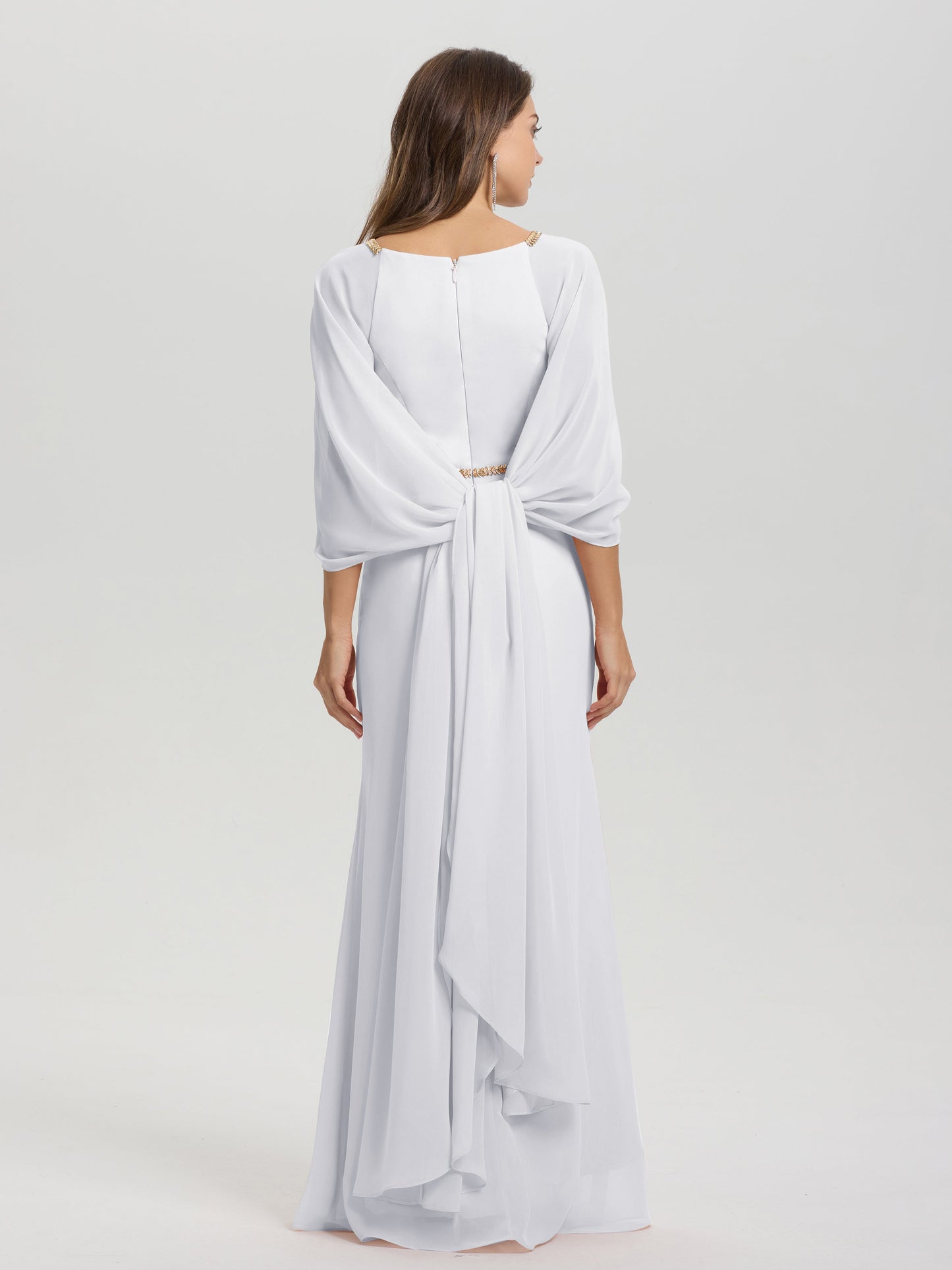 Sheath Flowy Long Sleeves Waisted Zip Back Chiffon Bridesmaid Dress