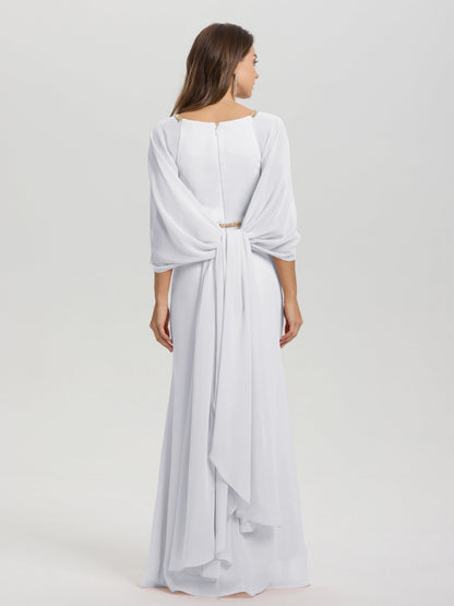 Sheath Flowy Long Sleeves Waisted Zip Back Chiffon Bridesmaid Dress