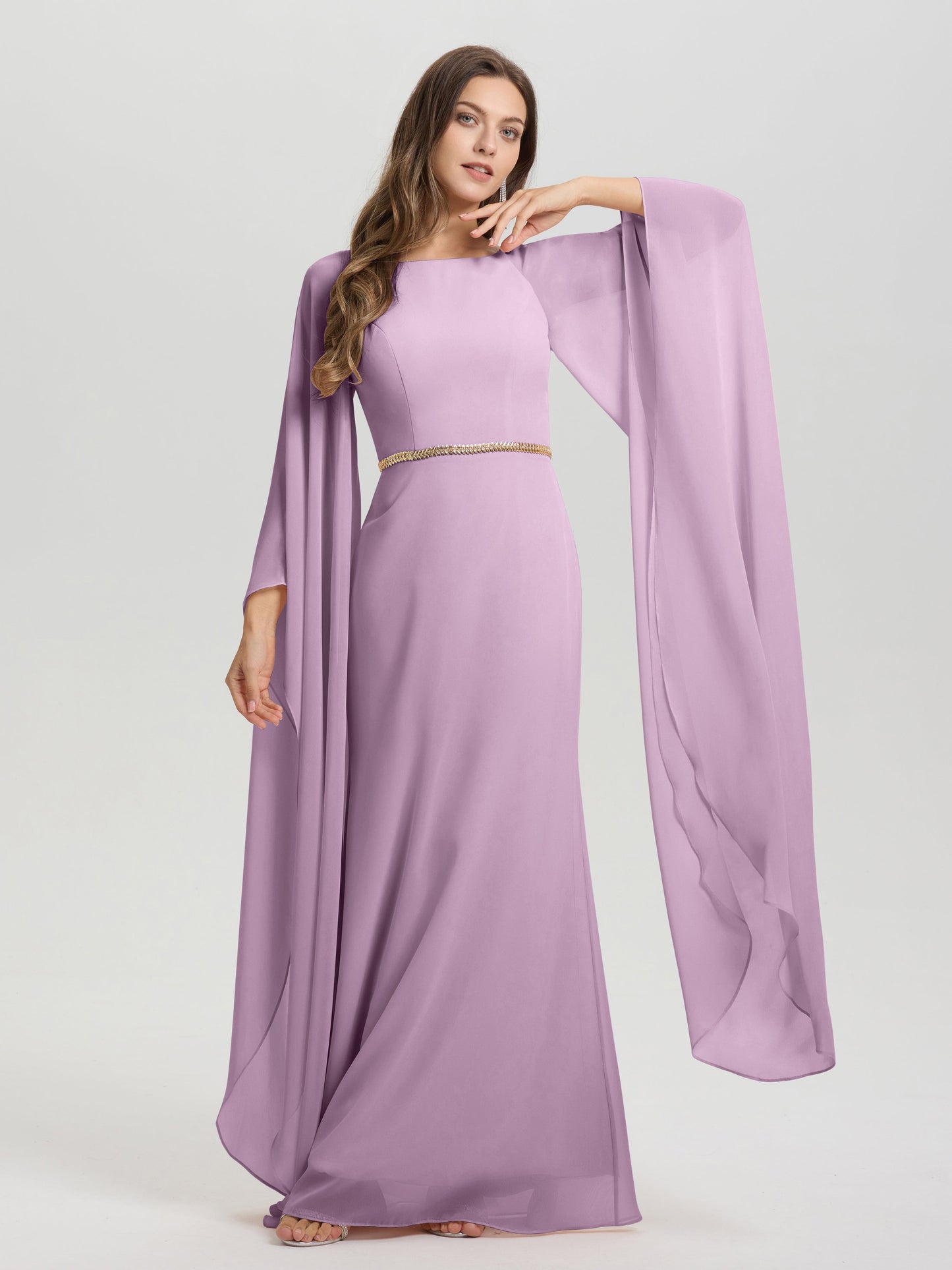 Sheath Flowy Long Sleeves Waisted Zip Back Chiffon Bridesmaid Dress