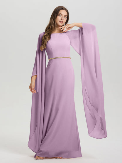 Sheath Flowy Long Sleeves Waisted Zip Back Chiffon Bridesmaid Dress