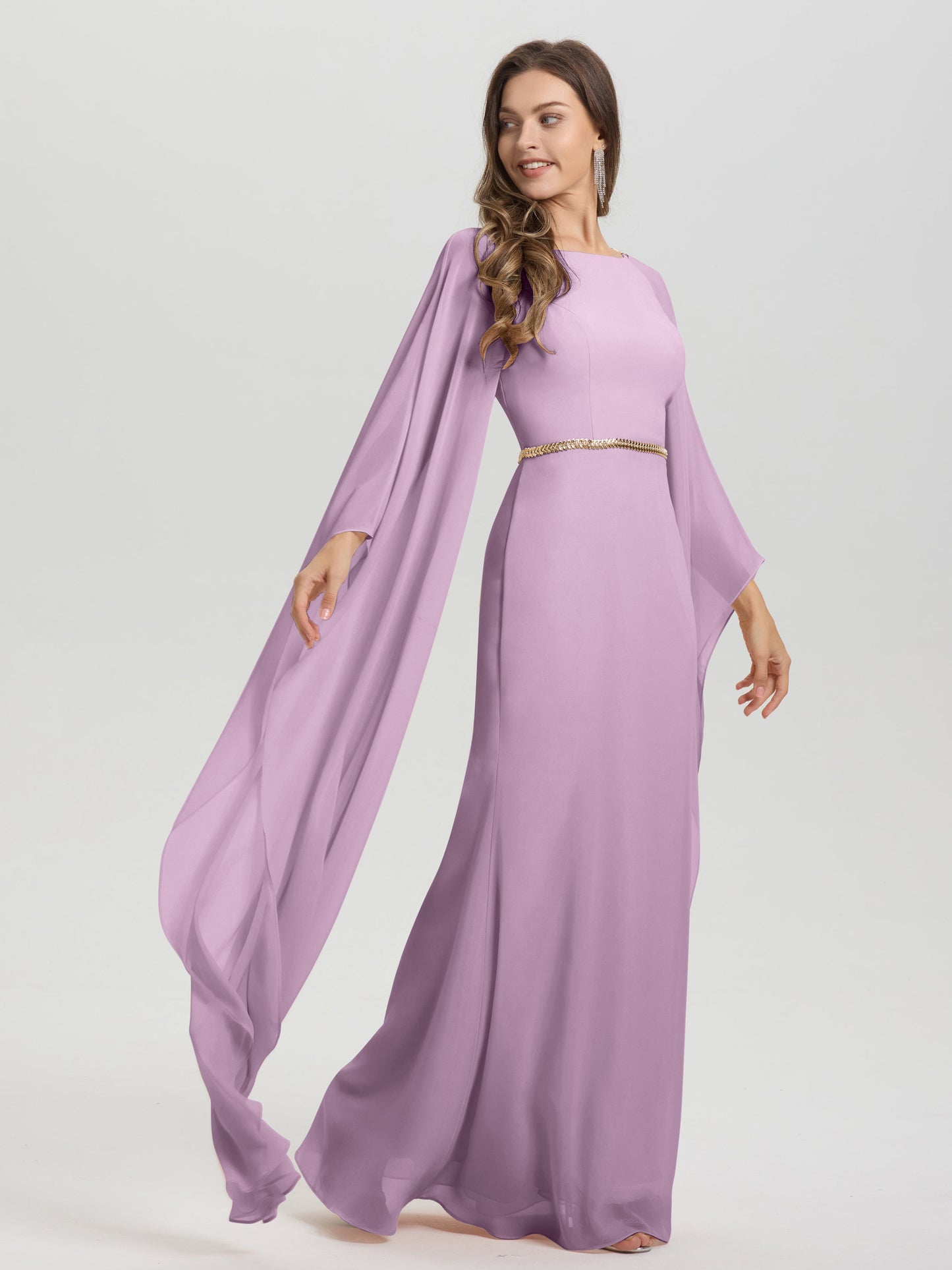 Sheath Flowy Long Sleeves Waisted Zip Back Chiffon Bridesmaid Dress