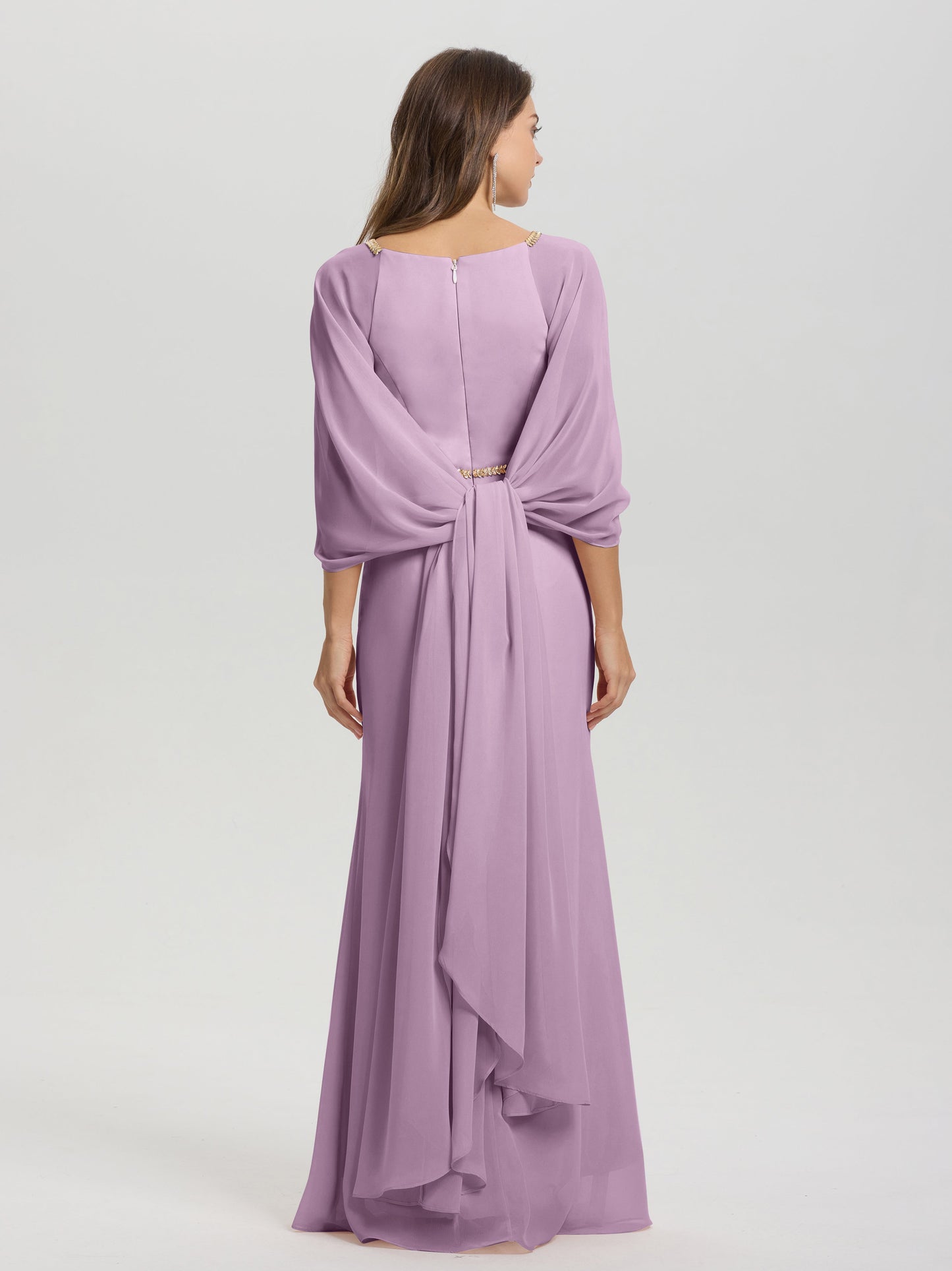 Sheath Flowy Long Sleeves Waisted Zip Back Chiffon Bridesmaid Dress