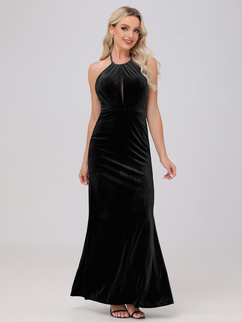 Sheath Halter Floor Length Open Back Velvet Bridesmaid Dresses