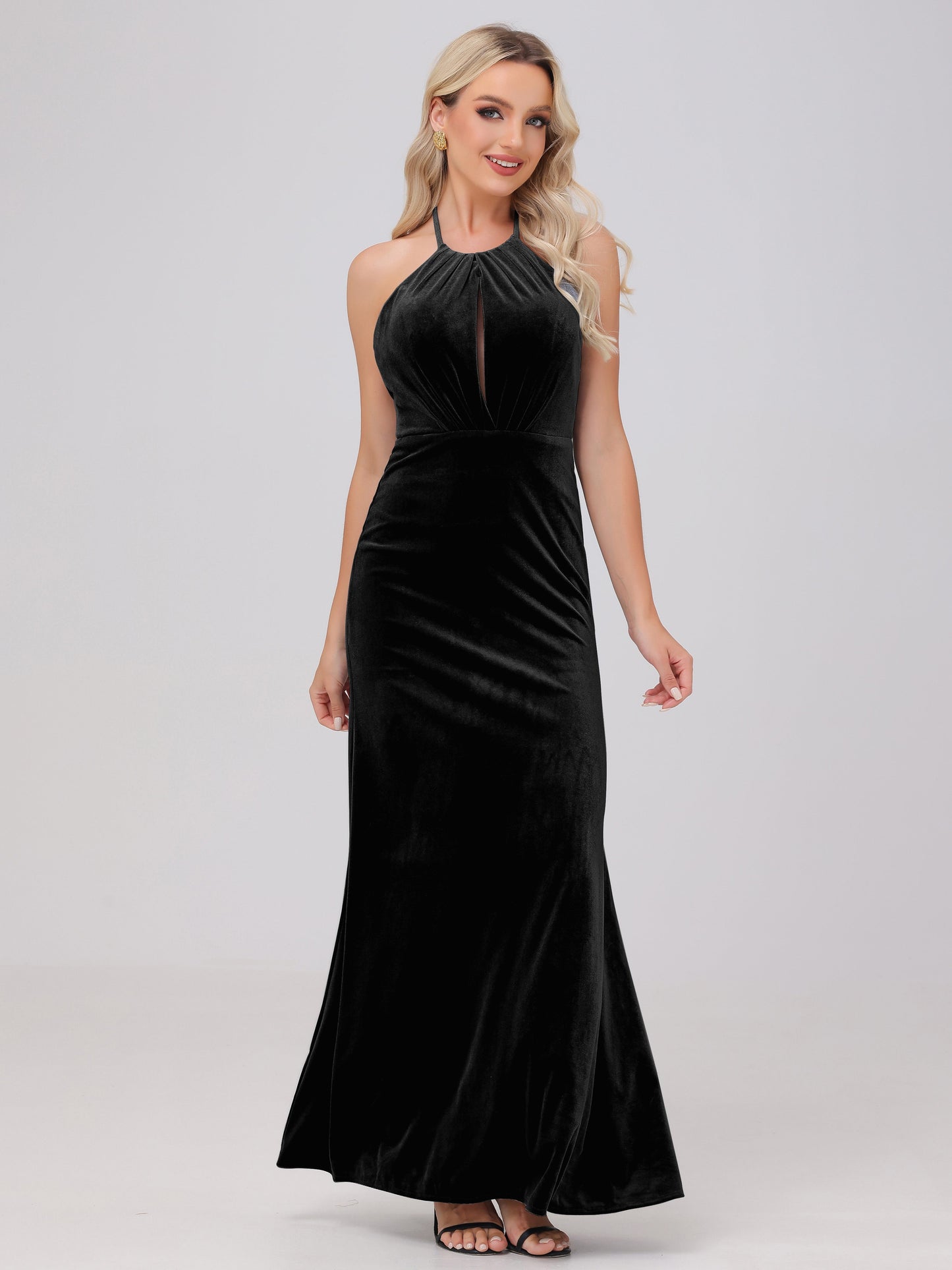 Sheath Halter Floor Length Open Back Velvet Bridesmaid Dresses