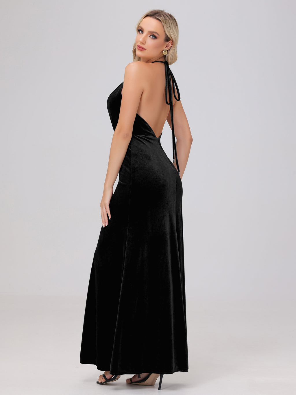 Sheath Halter Floor Length Open Back Velvet Bridesmaid Dresses