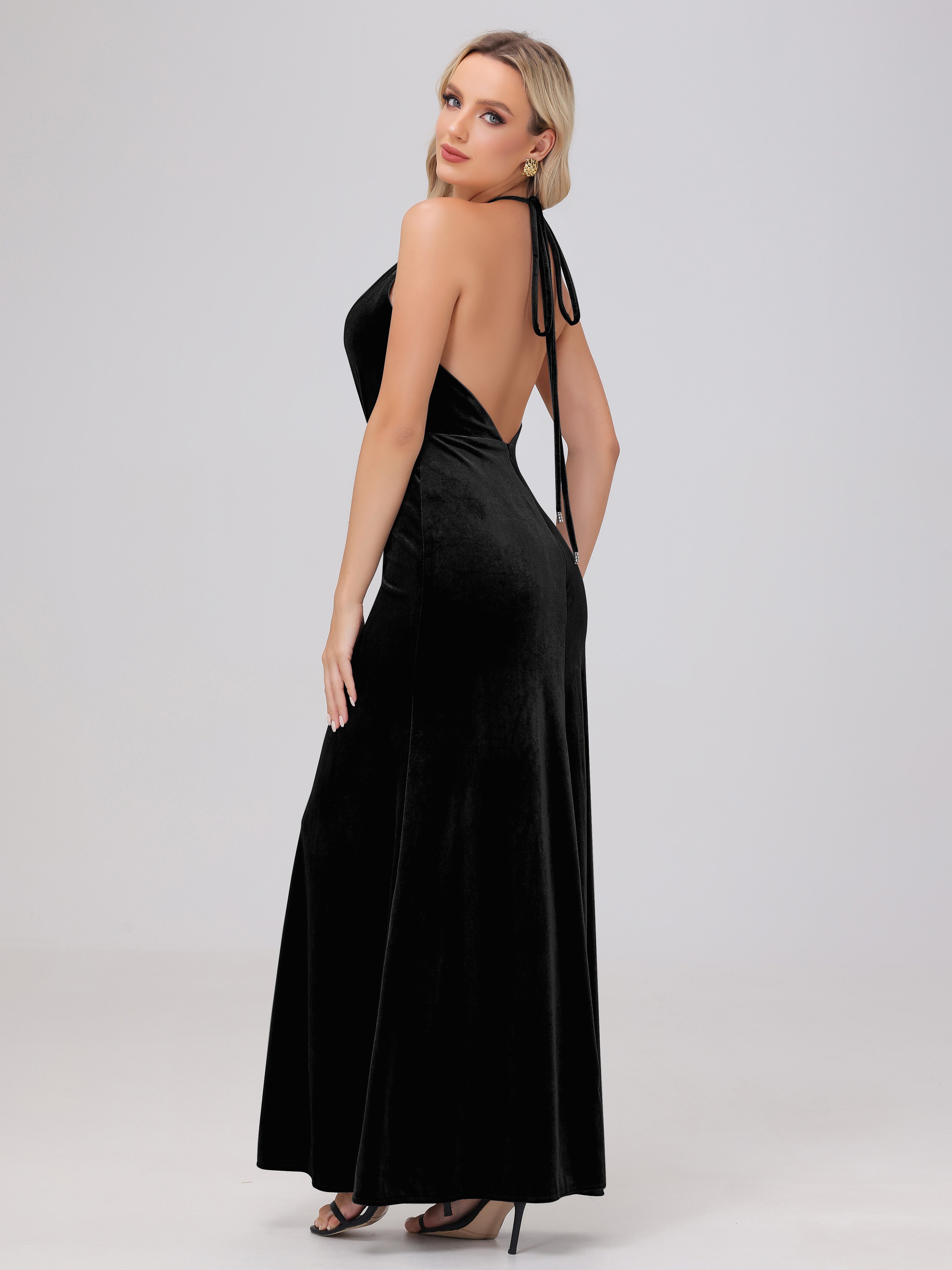 Sheath Halter Floor Length Open Back Velvet Bridesmaid Dresses