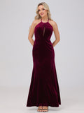 Sheath Halter Floor Length Open Back Velvet Bridesmaid Dresses