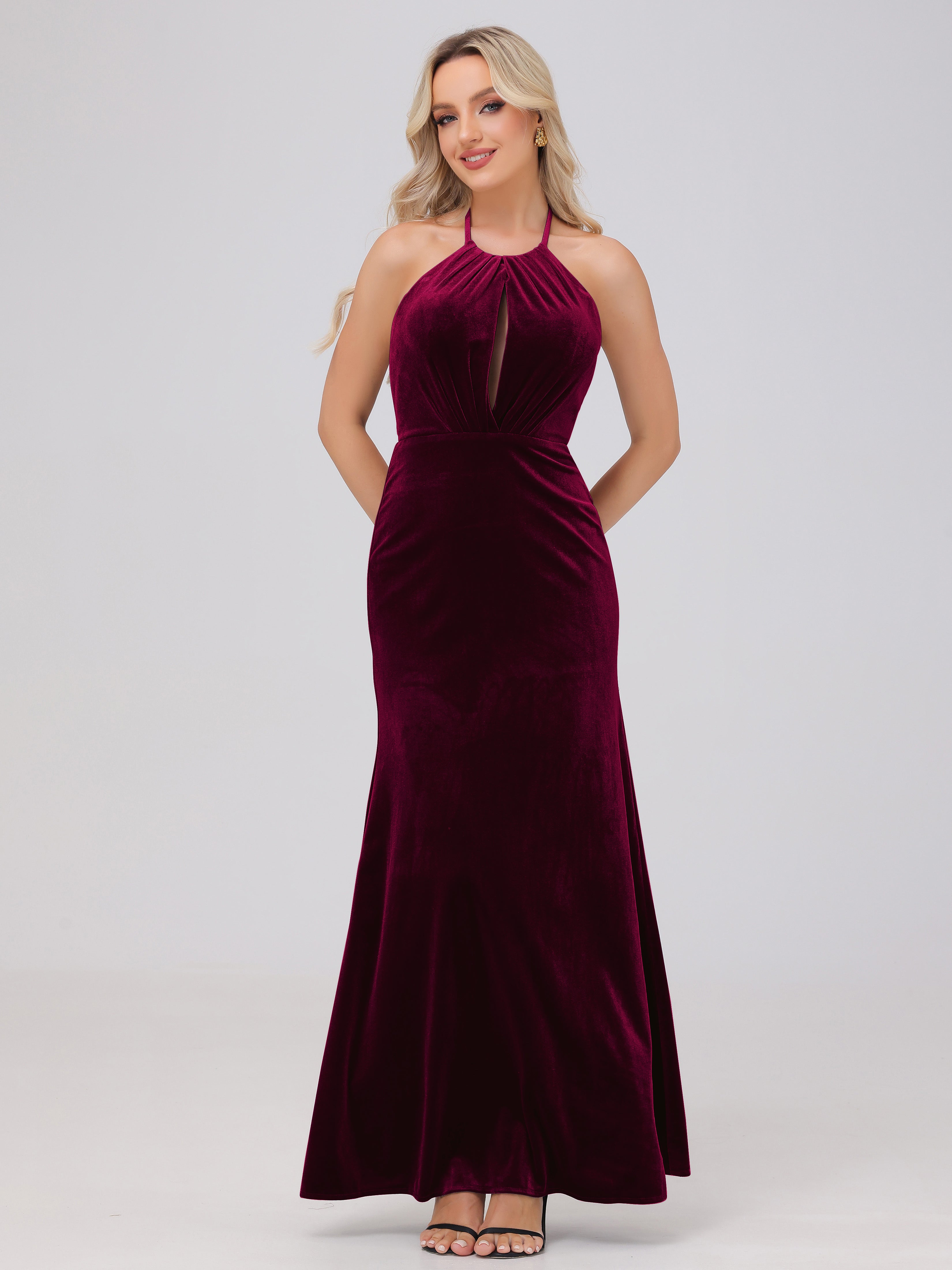 Sheath Halter Floor Length Open Back Velvet Bridesmaid Dresses
