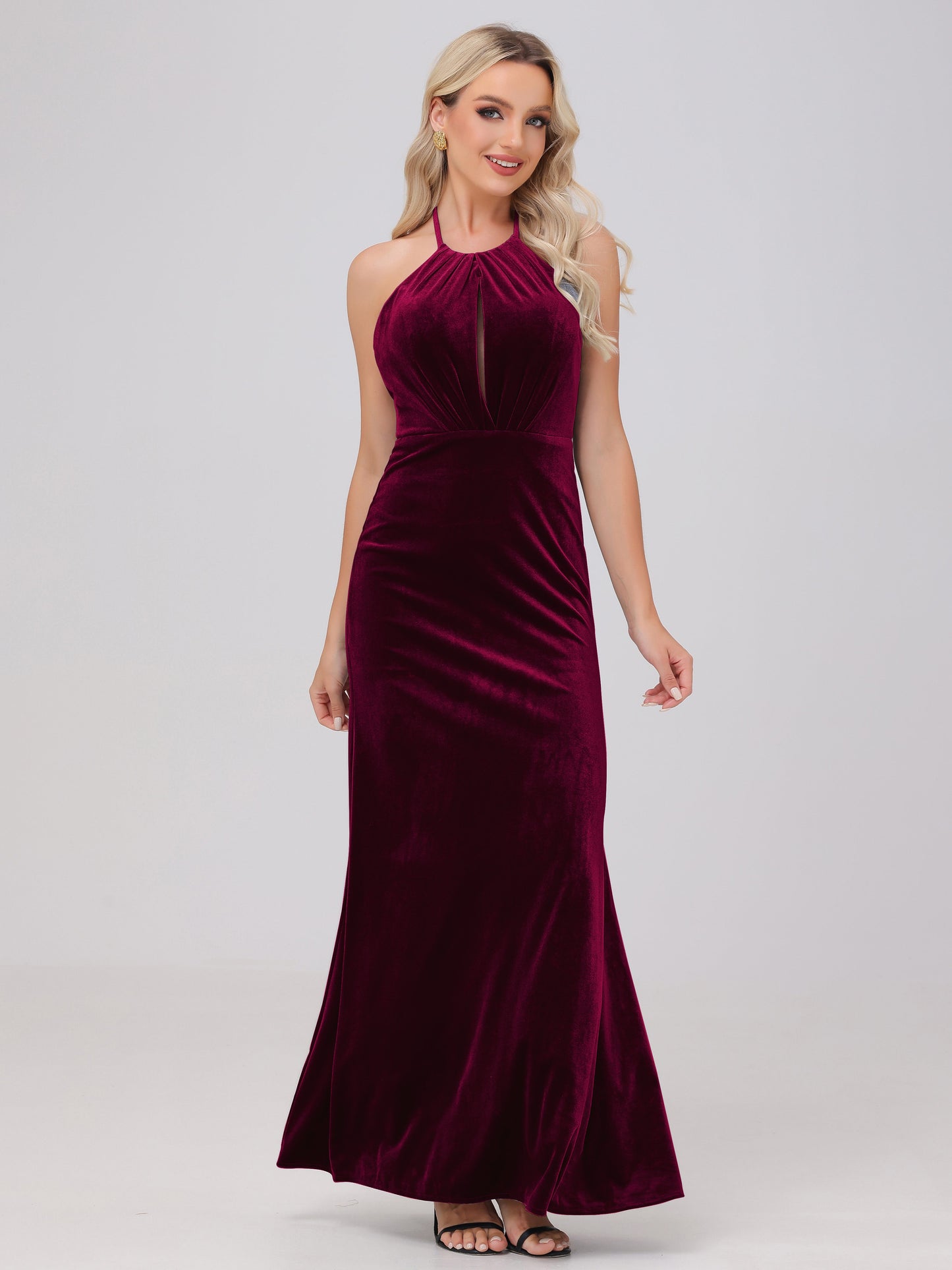 Sheath Halter Floor Length Open Back Velvet Bridesmaid Dresses