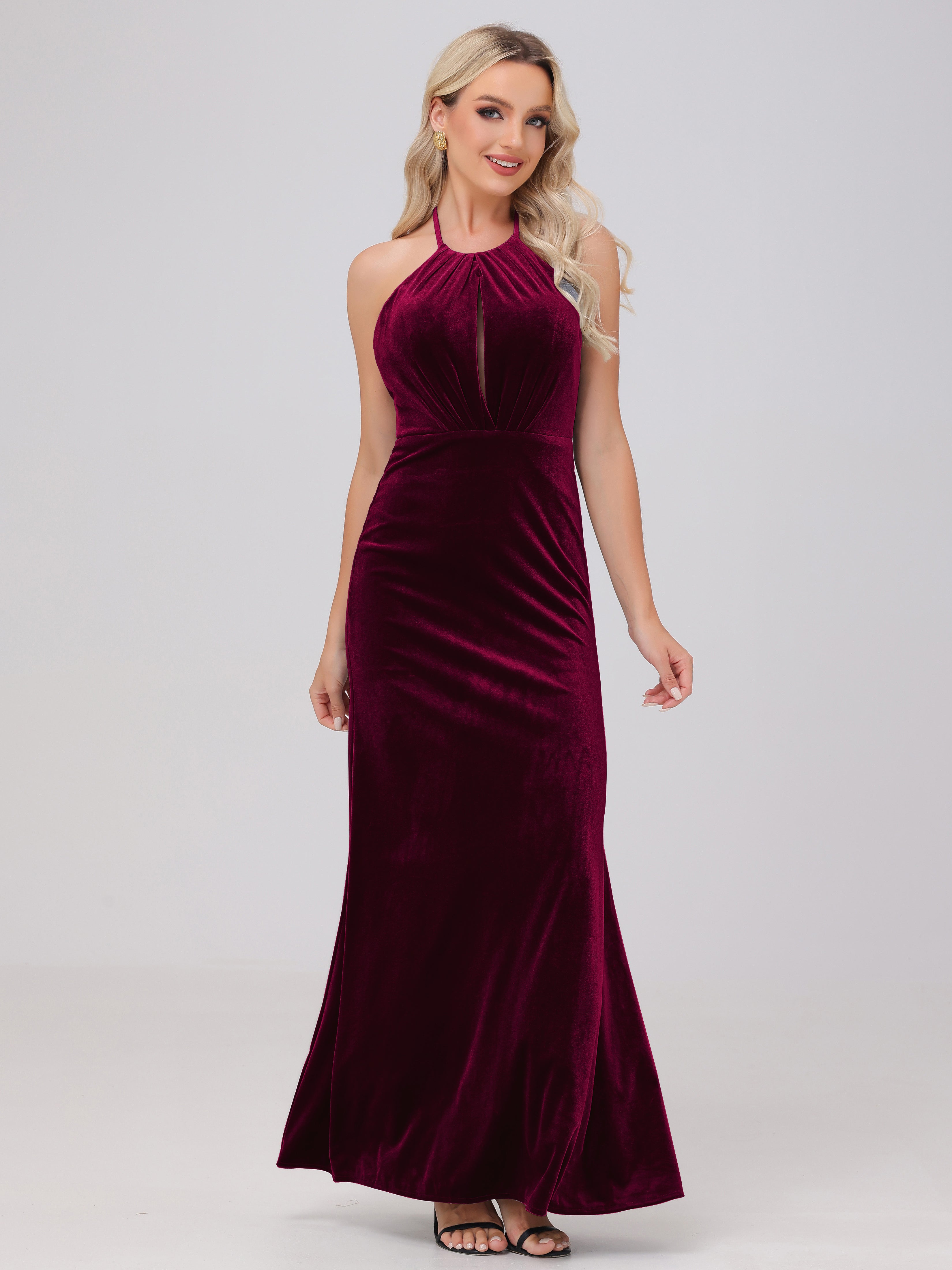 Sheath Halter Floor Length Open Back Velvet Bridesmaid Dresses